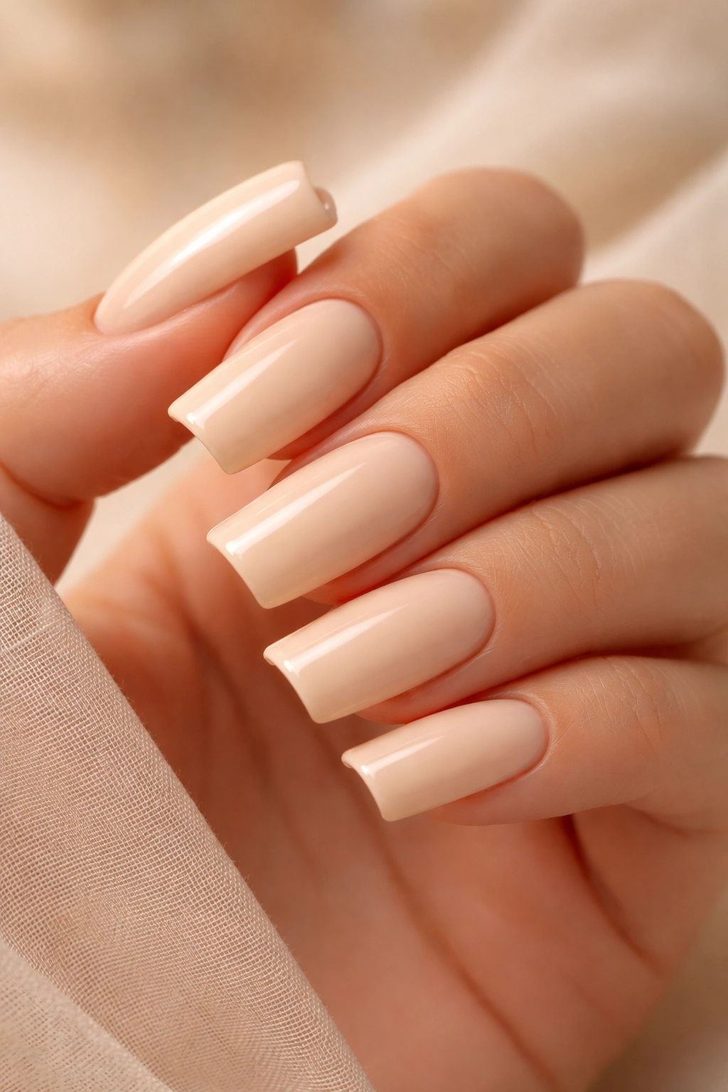 Close-up of duck nails in soft peachy cream with warm undertones