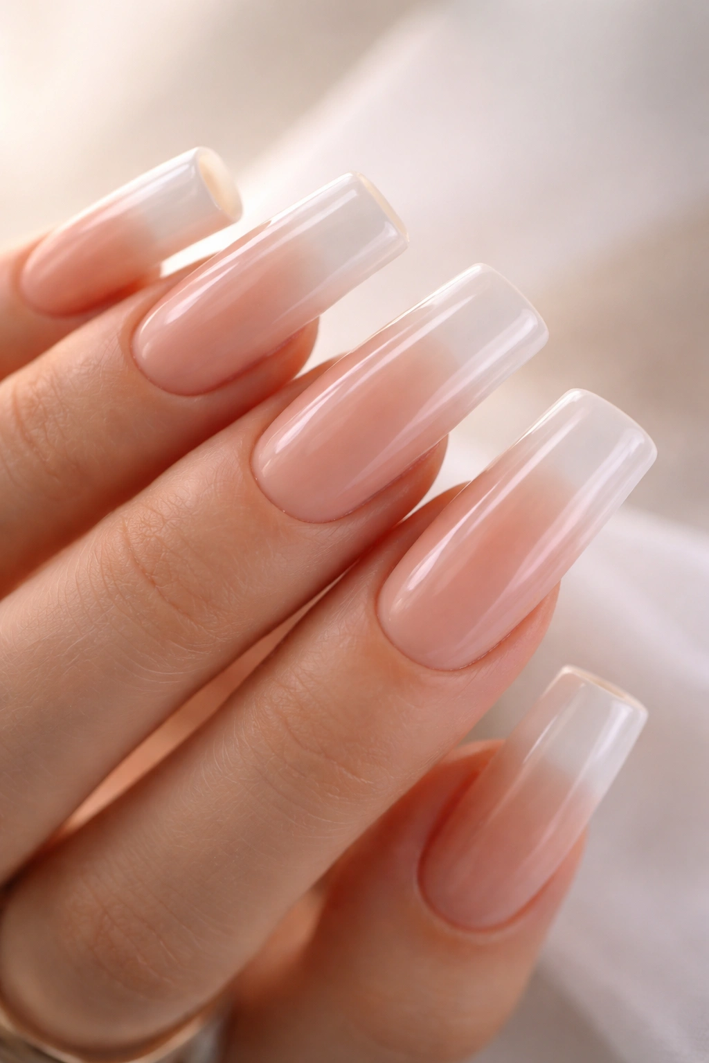 Close-up of duck nails with peachy nude base and milky tip gradient.