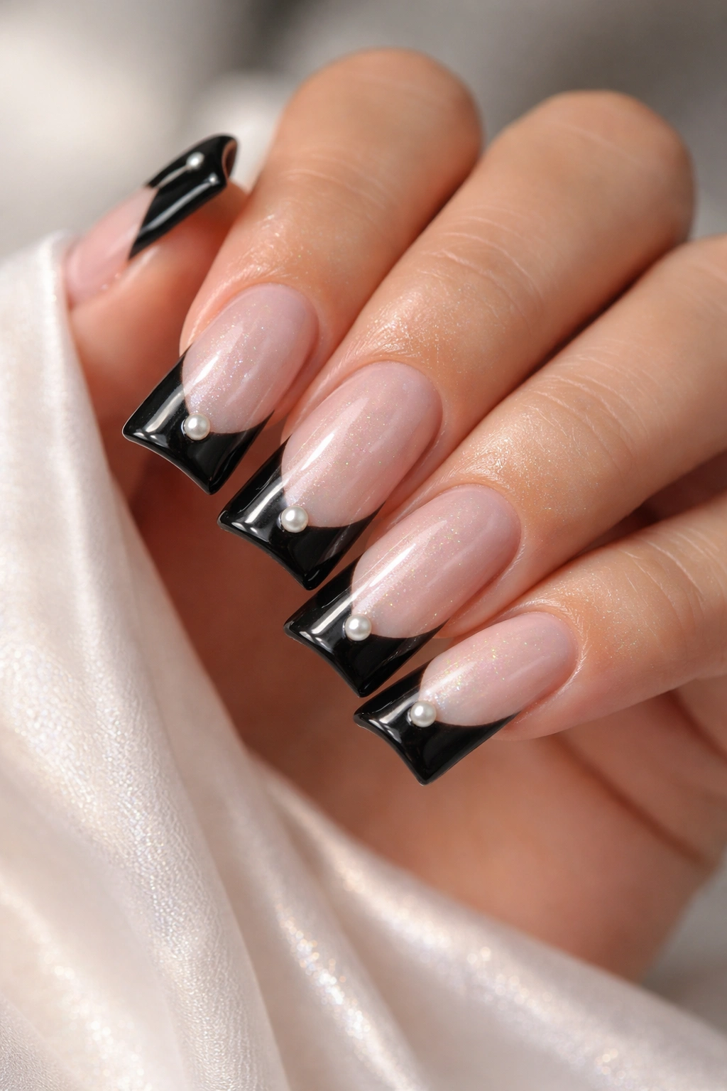 Close-up of duck nails with pearl accents on nude base and black tip
