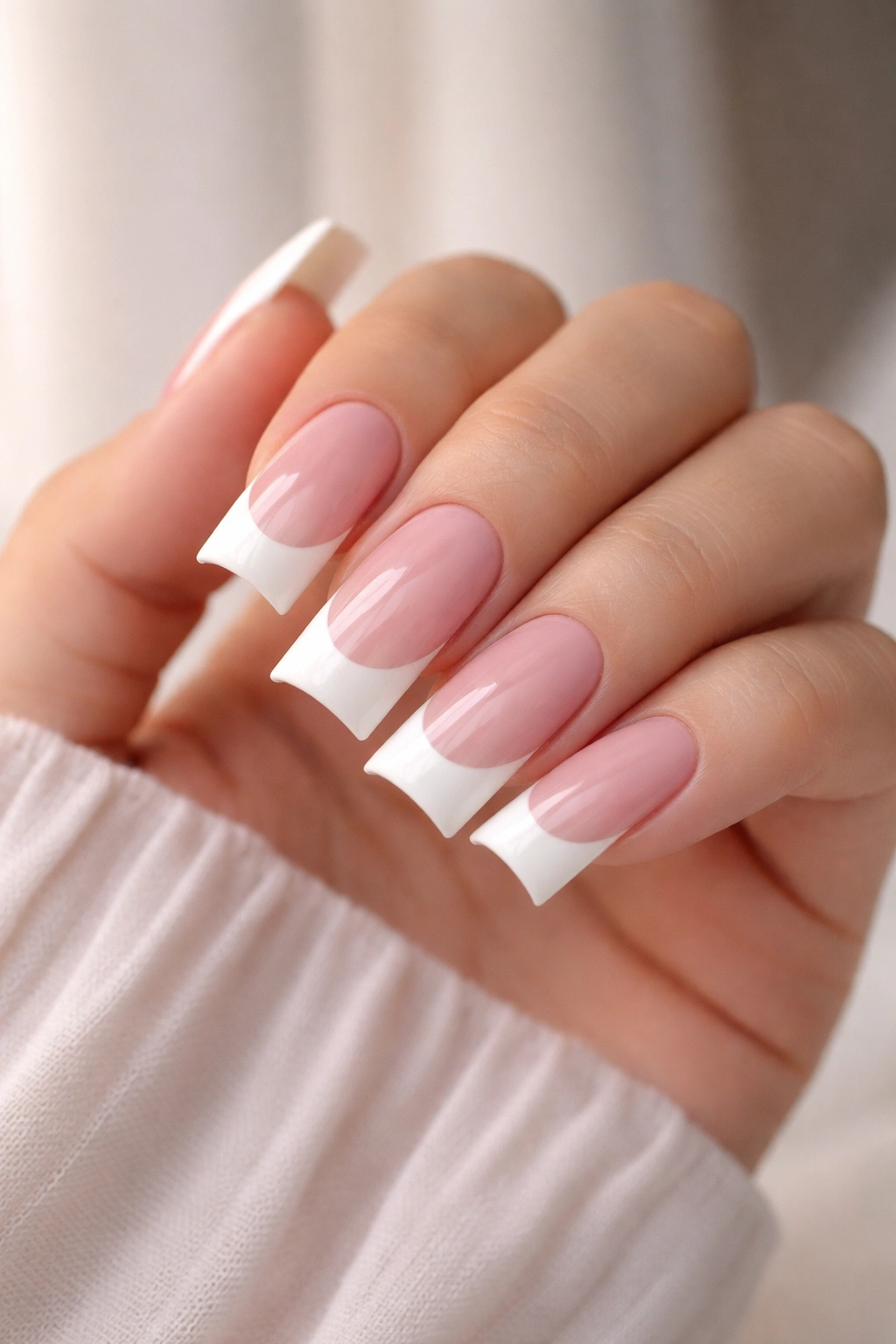 Close-up of duck nails with pink base and white tips in a neutral studio setting