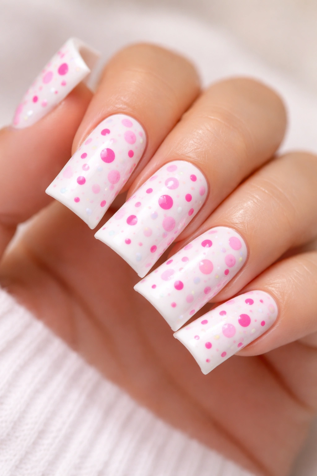 Duck nails with white base and pink confetti dots.