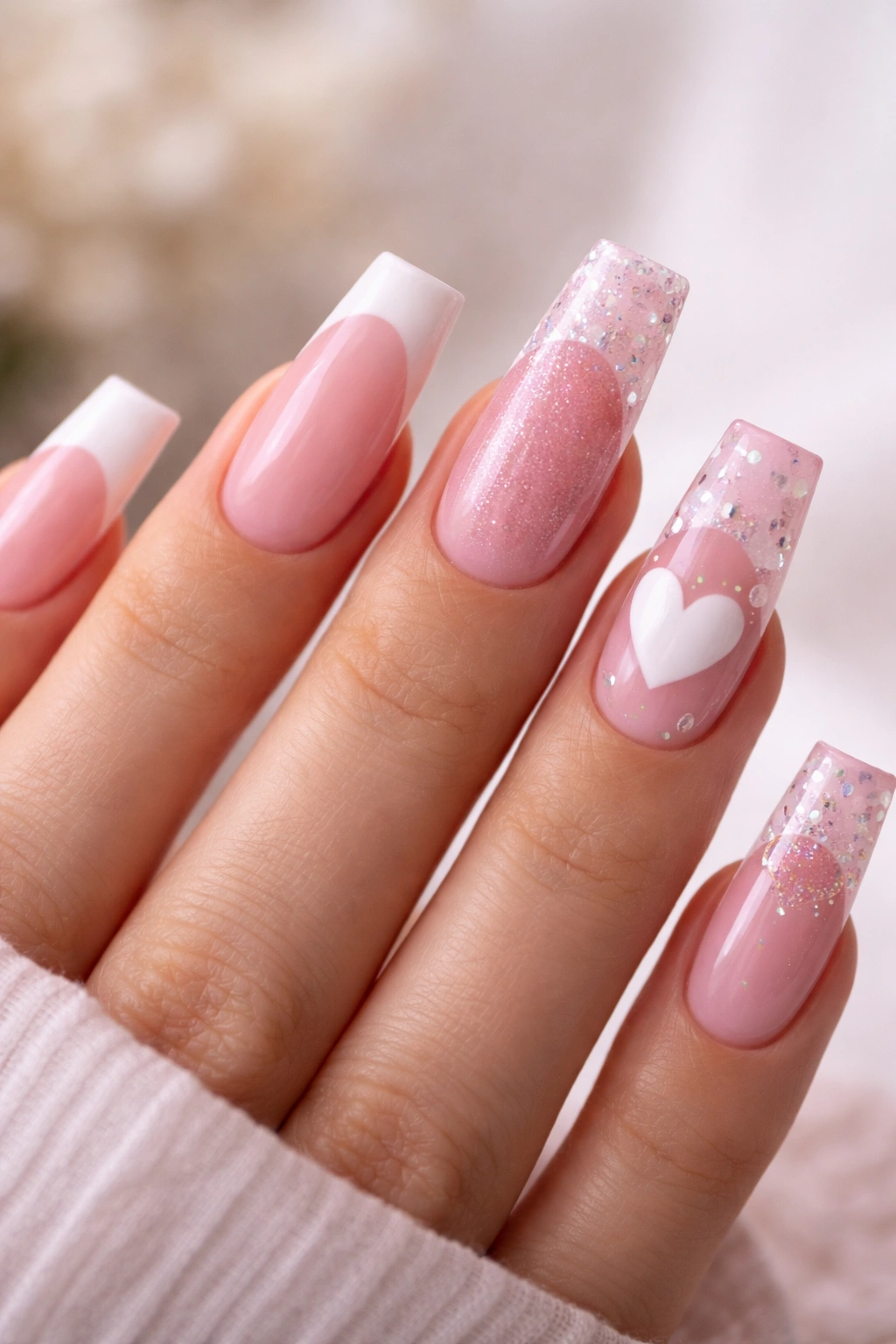 Close-up of multiple duck nails with pink French tips