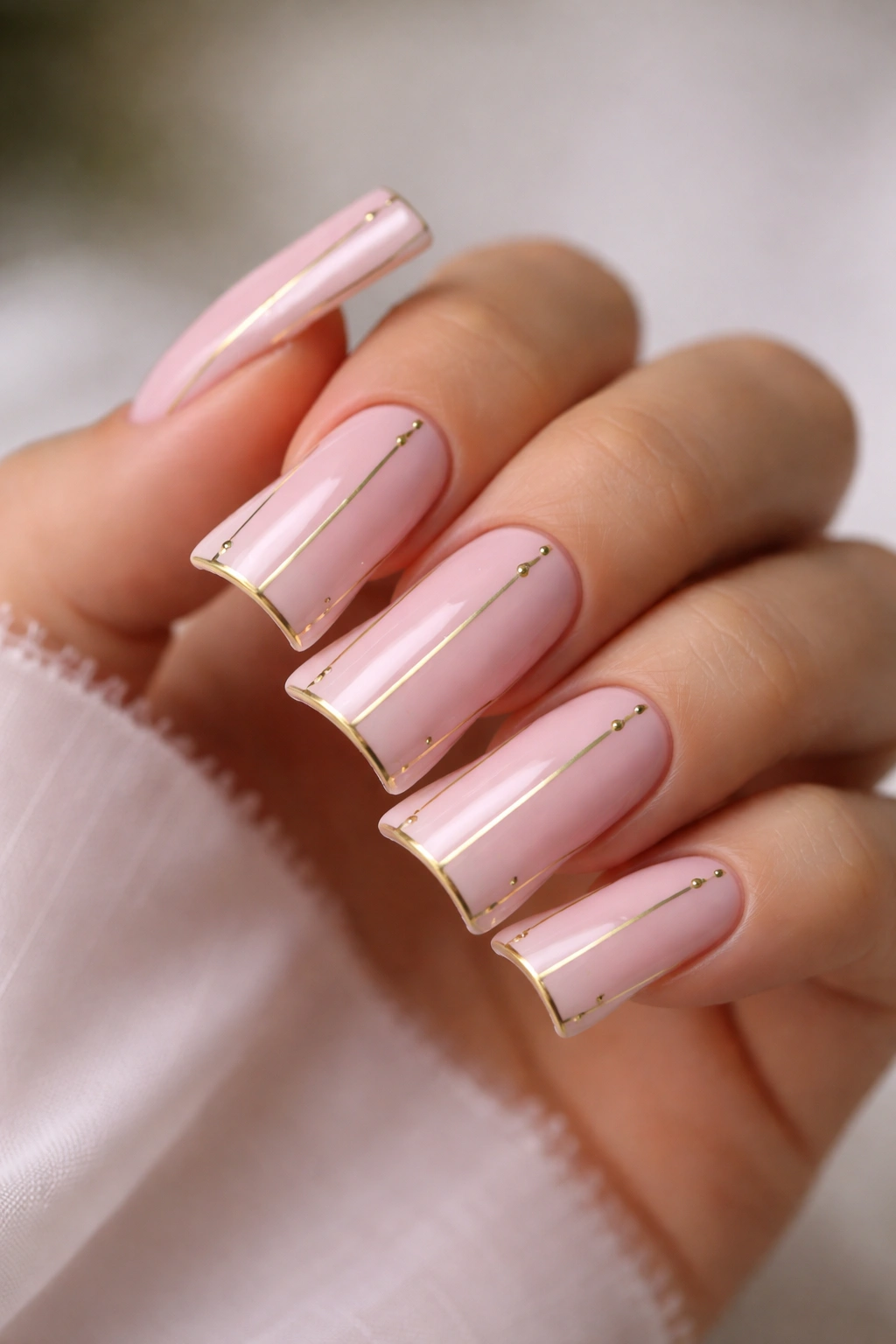 Close-up of duck nails in baby pink with gold accents on a hand