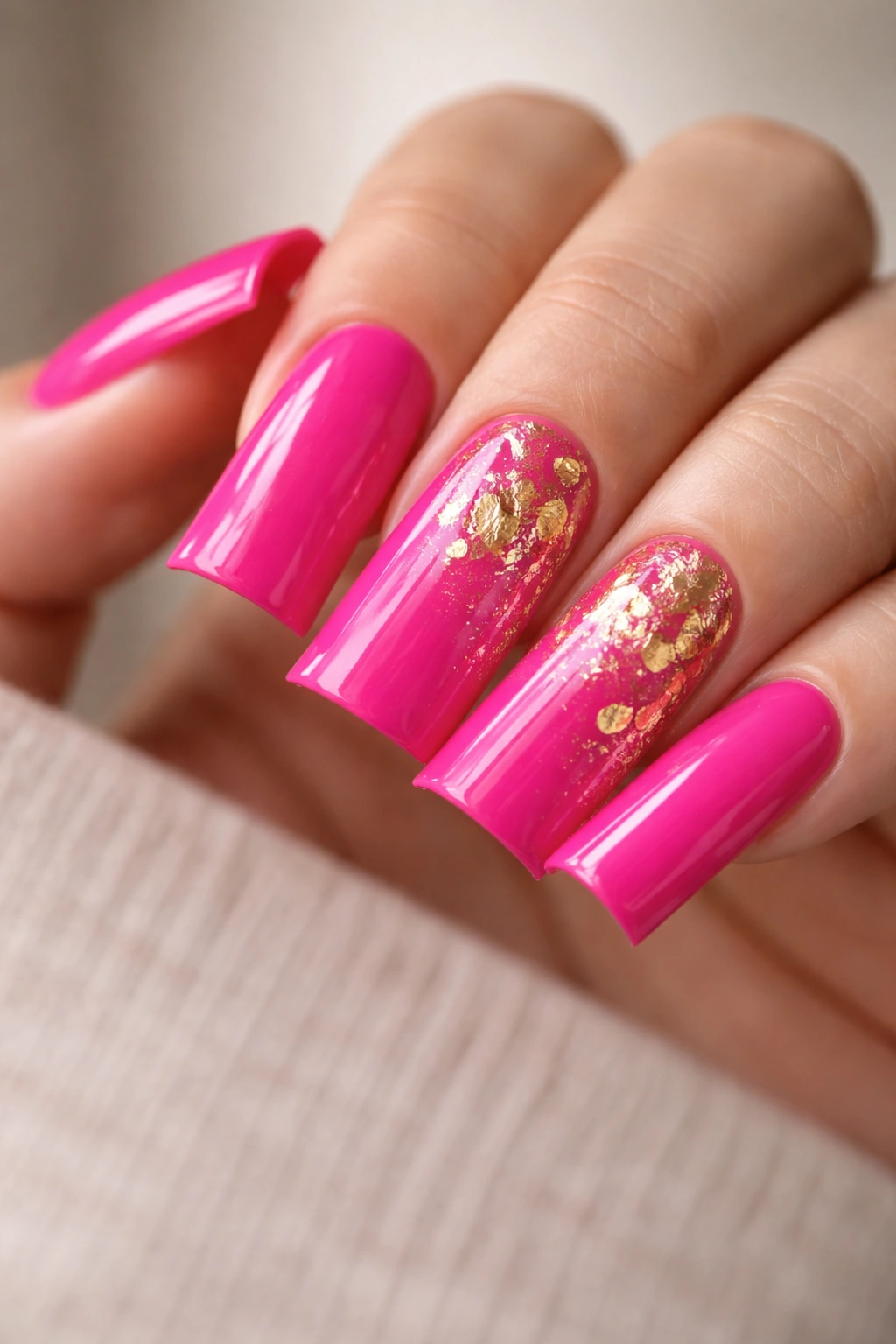 Hot pink duck nails with subtle gold leaf accents
