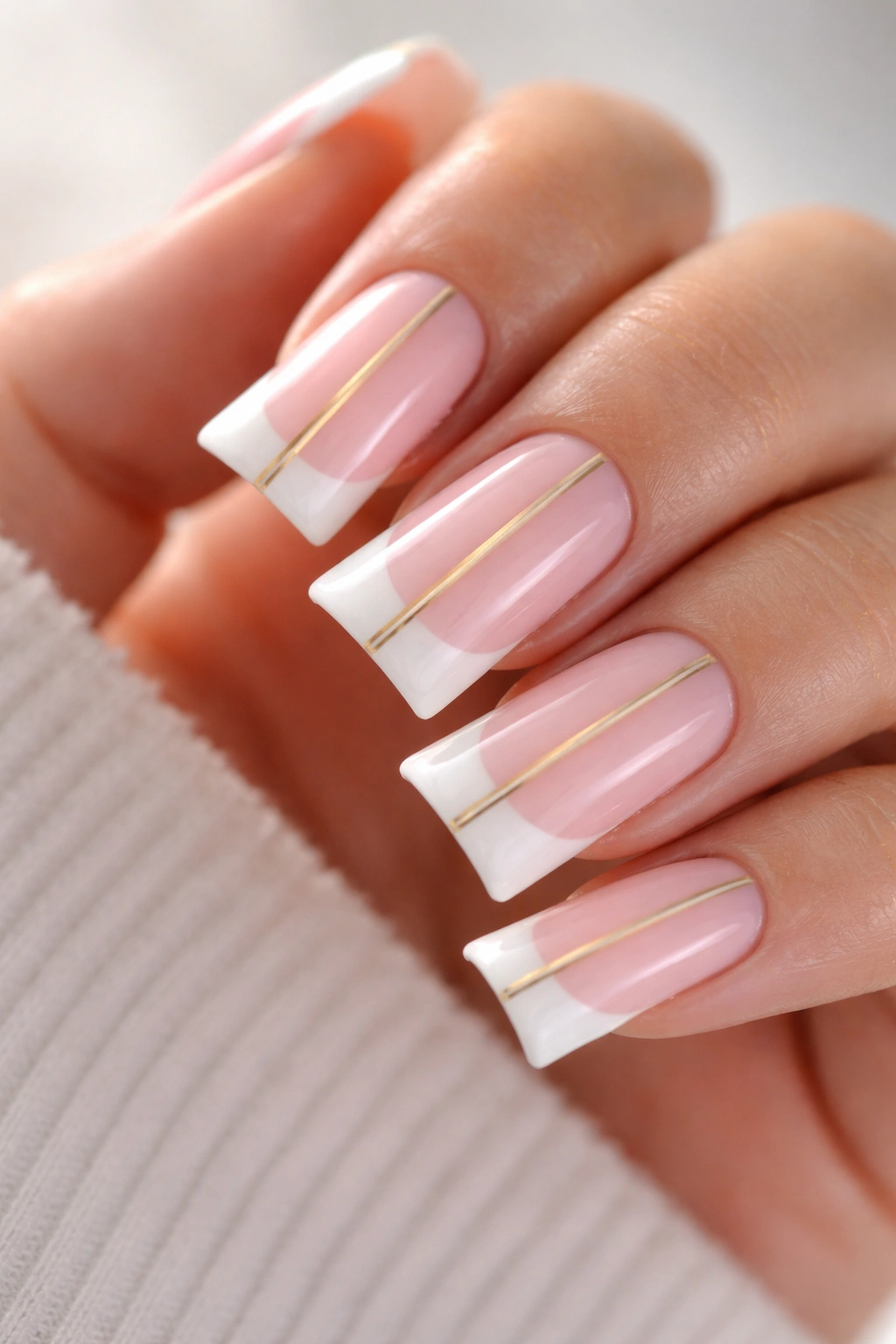 Close-up of duck nails with soft pink base, thin gold lines, and white tips