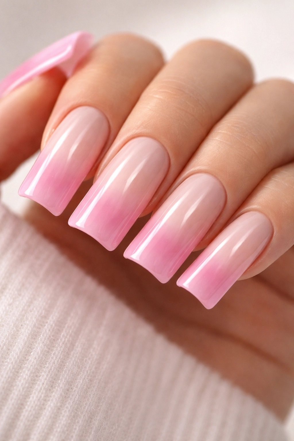 Duck nails with pink gradient French tips on blush base