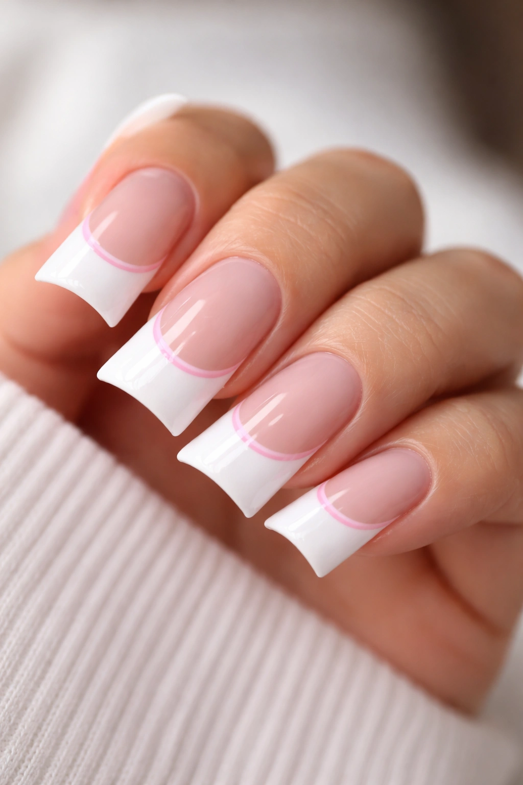 Duck nails with a white French tip and pink accent line.