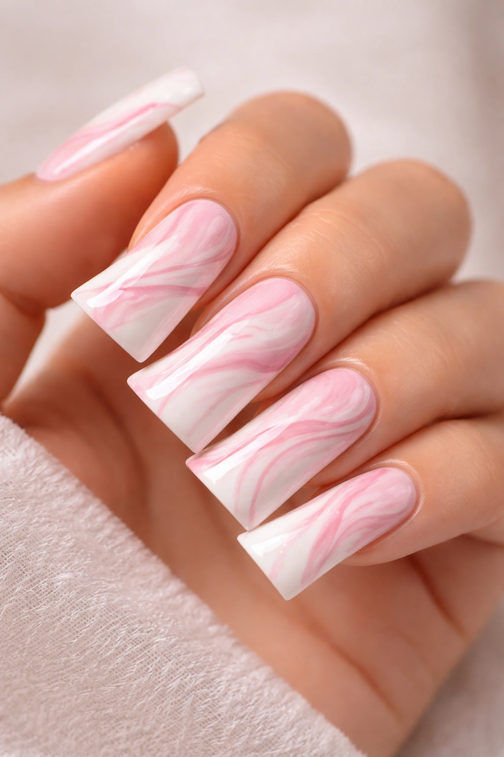 Duck nails with white base and pink marble swirl.