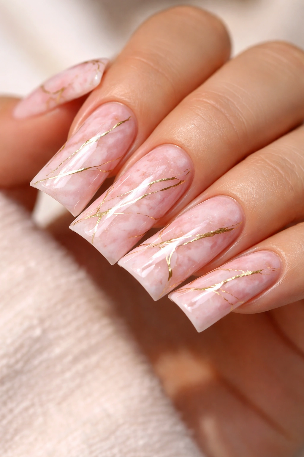 Duck nails with pink marble and gold veining, glossy finish