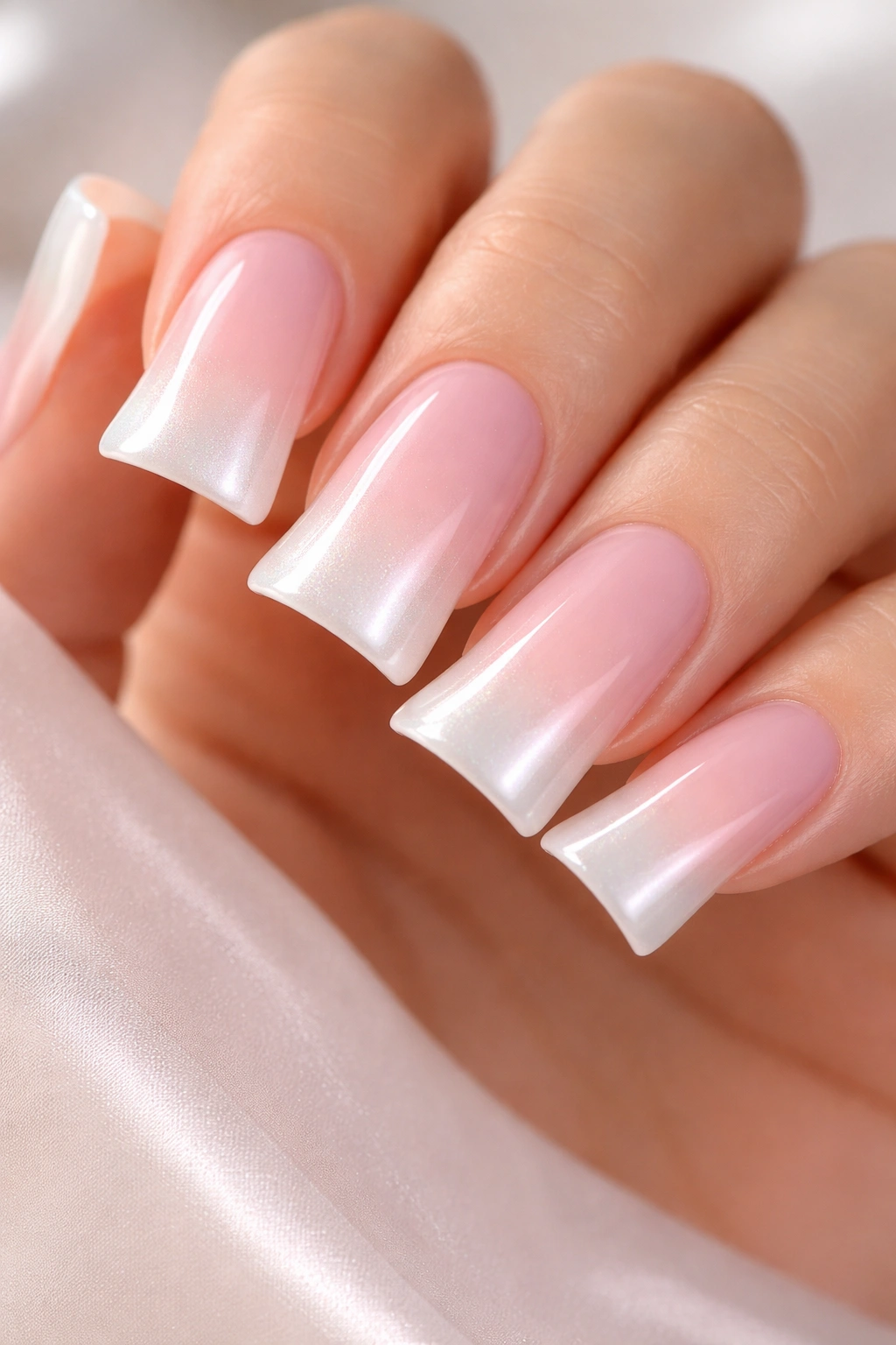 Duck nails with soft pink base and pearl ombre white tips