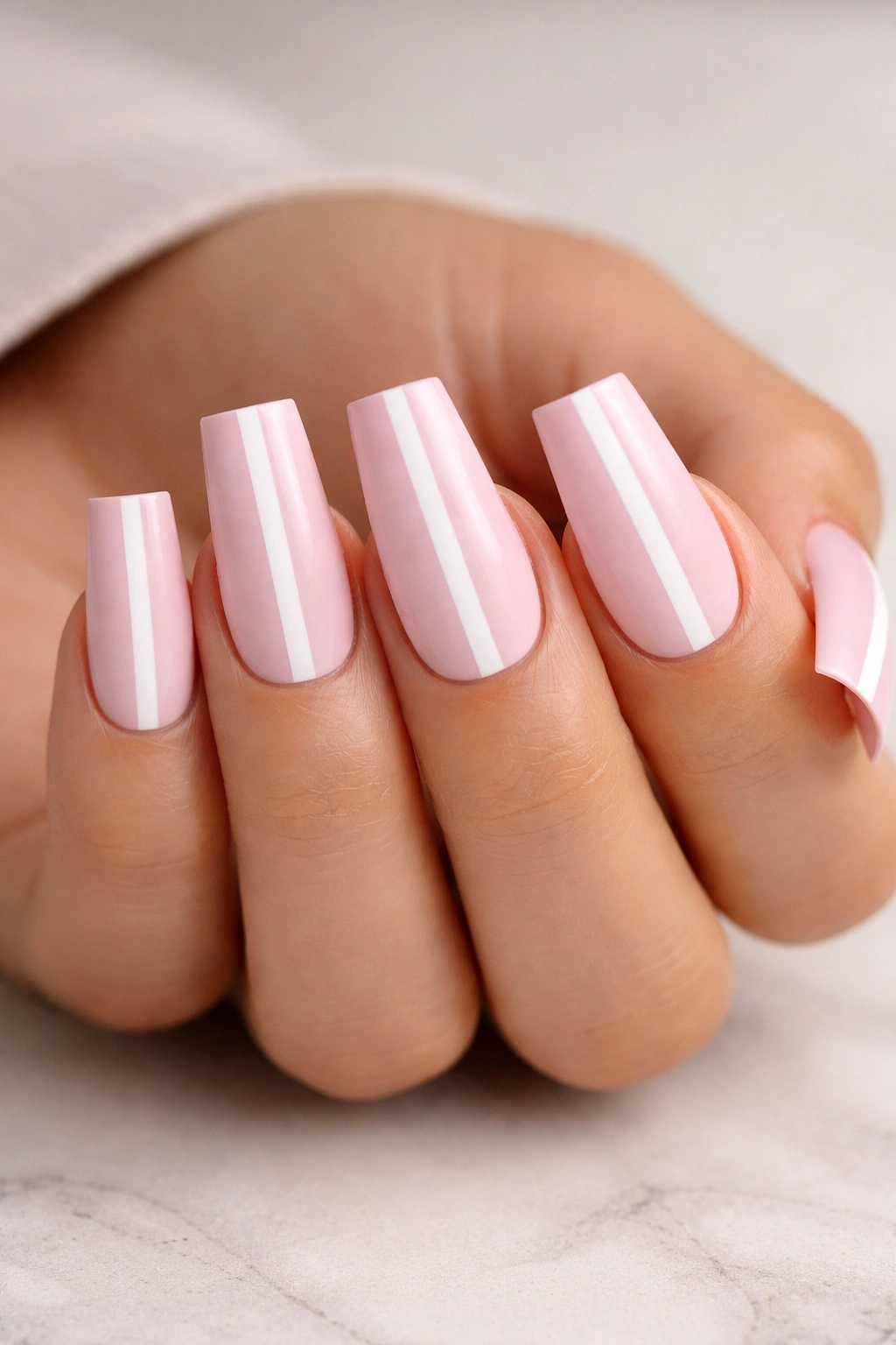 Close-up of duck nails with pale pink base and centered white stripe.