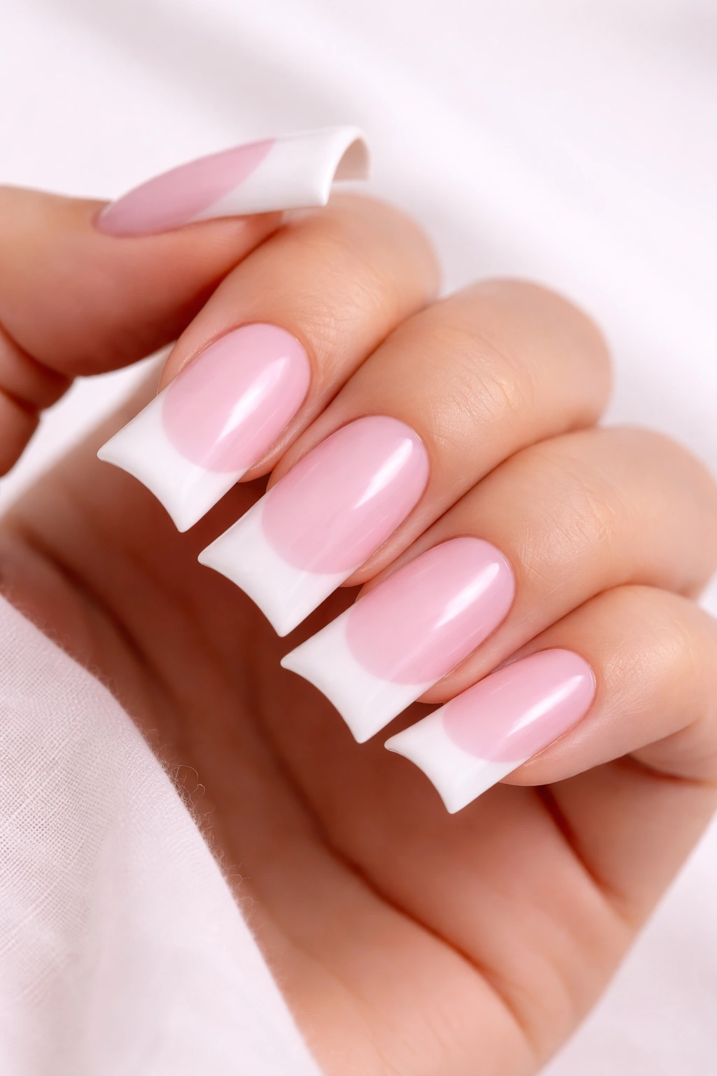 Close-up of duck nails with soft pink base and white tips, minimalist style