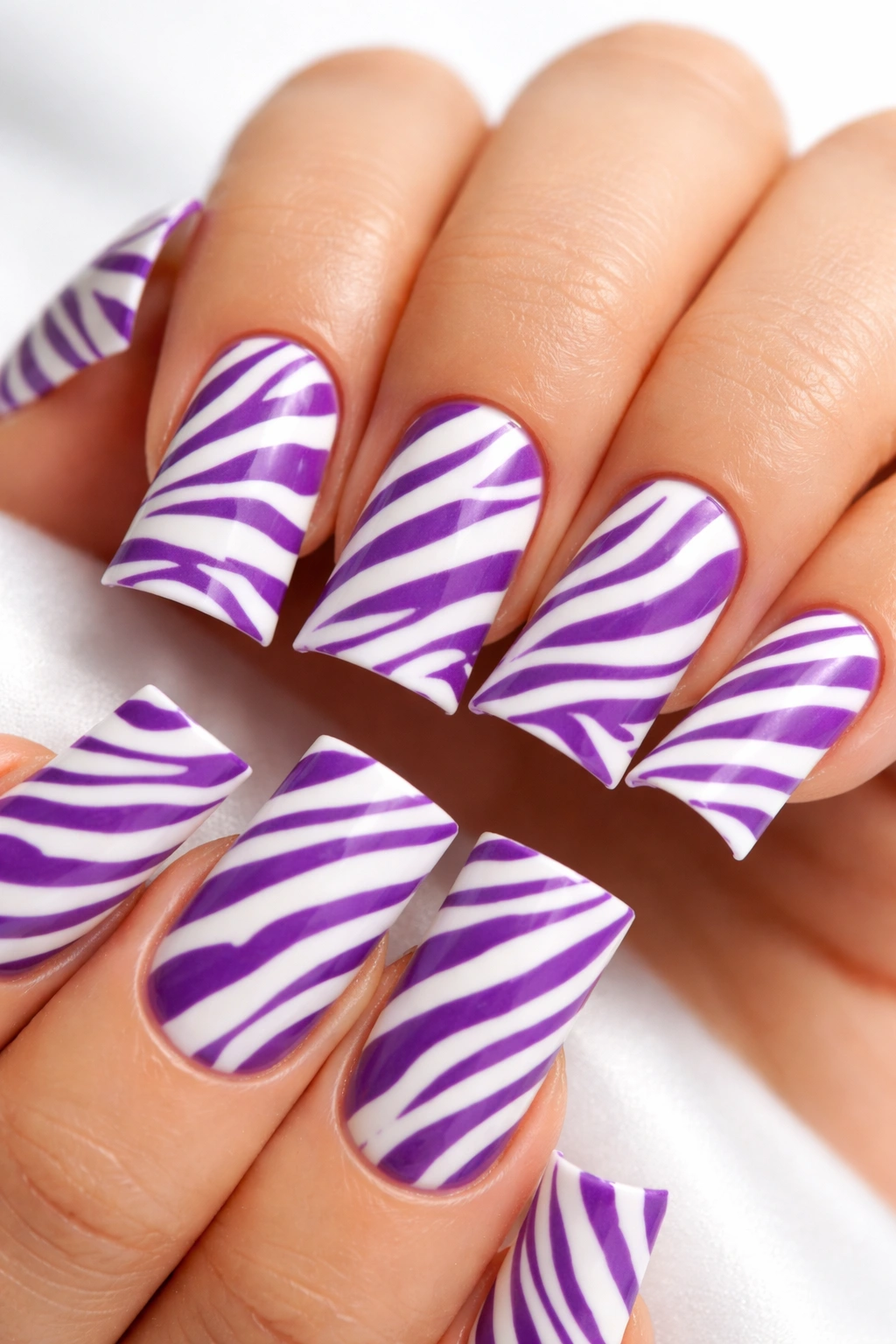 Purple zebra nails on white base
