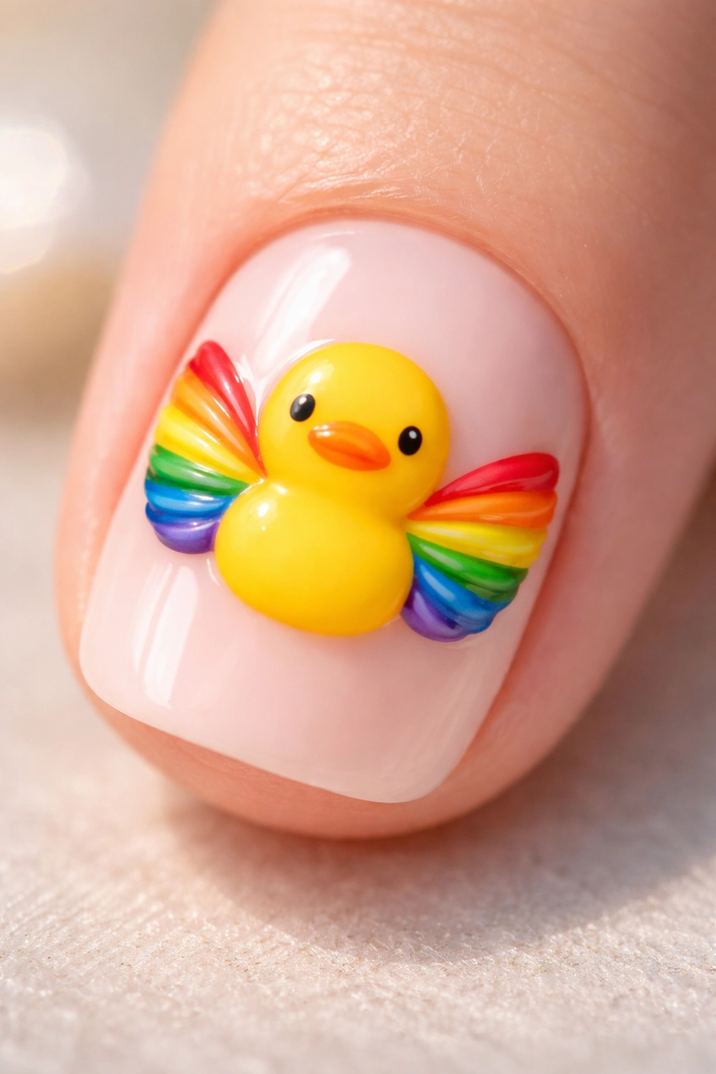 Close-up of a yellow duck nail art with rainbow striped wings on a single nail