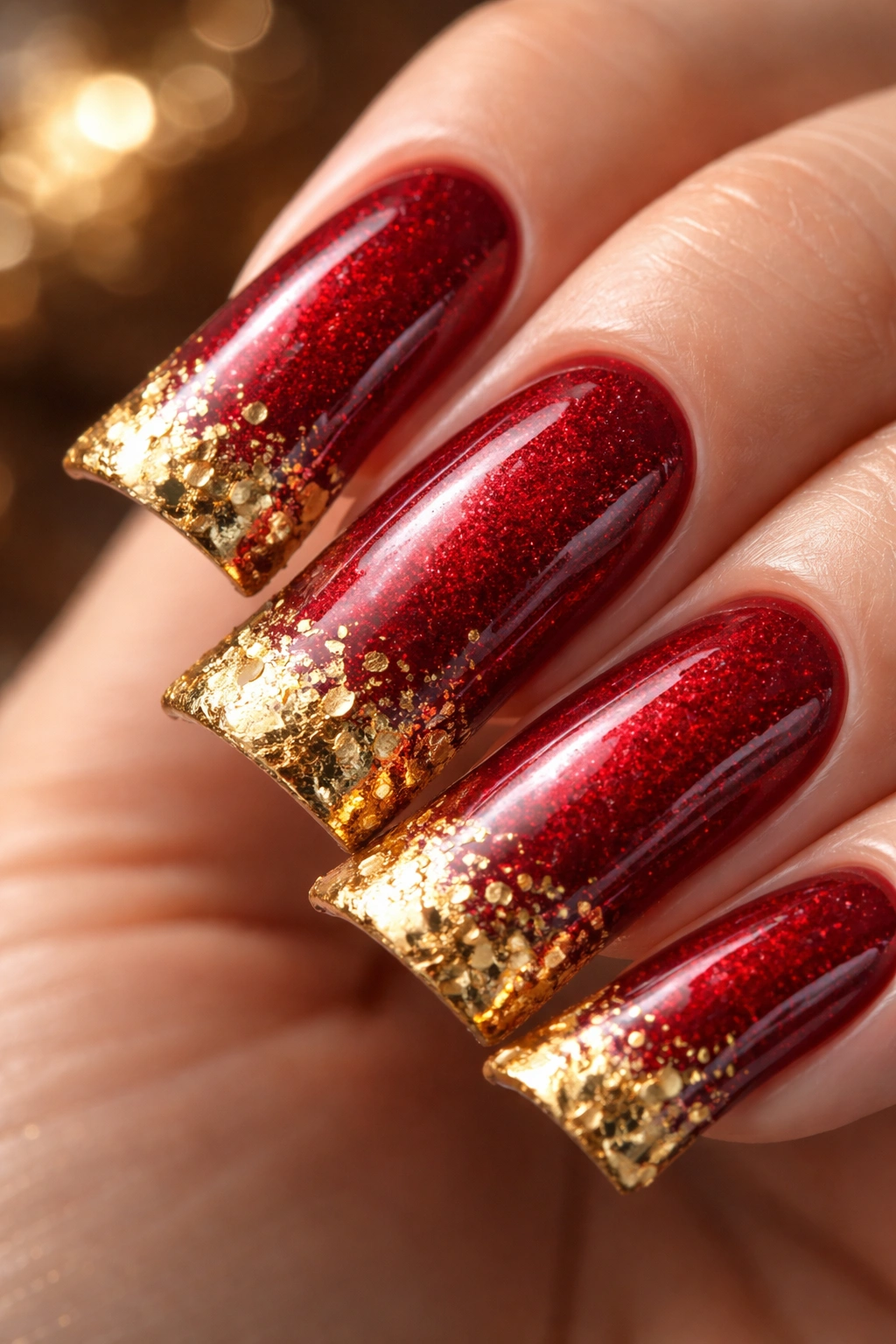 Duck nail in rich red with gold foil at the tip and glossy finish