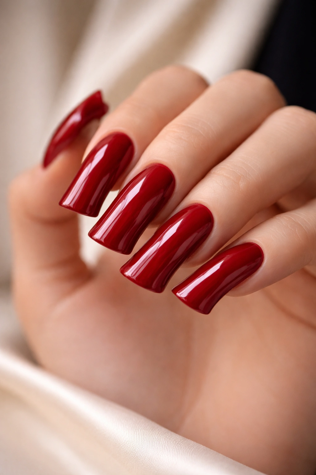 Close-up of classic red duck nails with glossy blue-based red finish on a hand