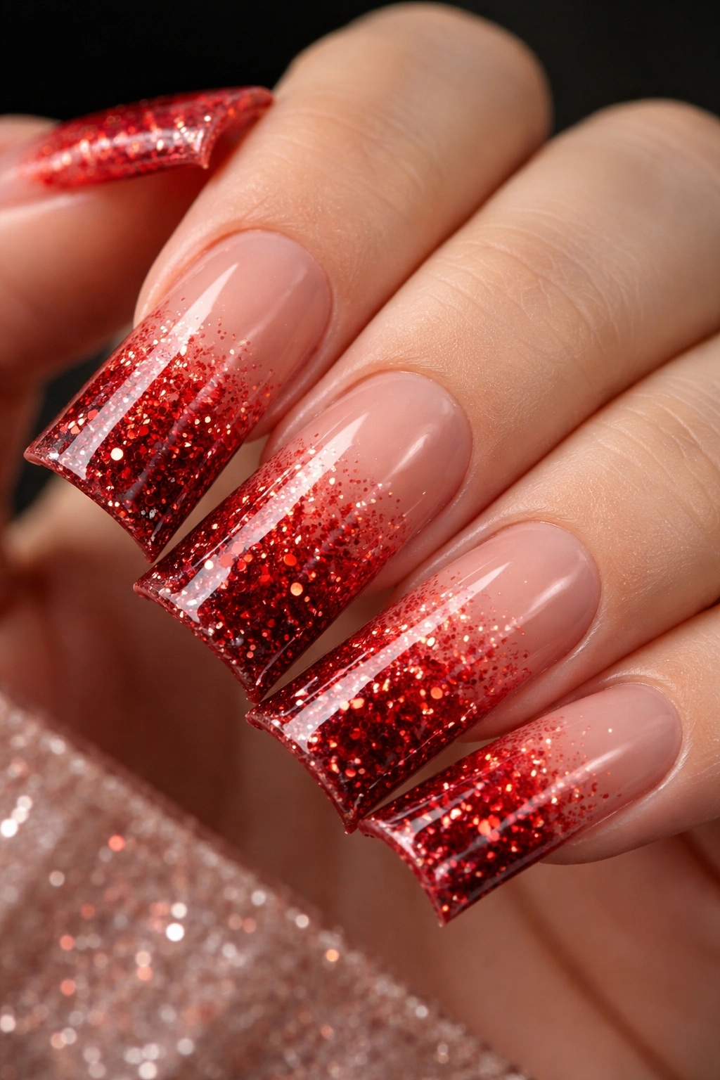 Close-up of duck nails with red glitter gradient