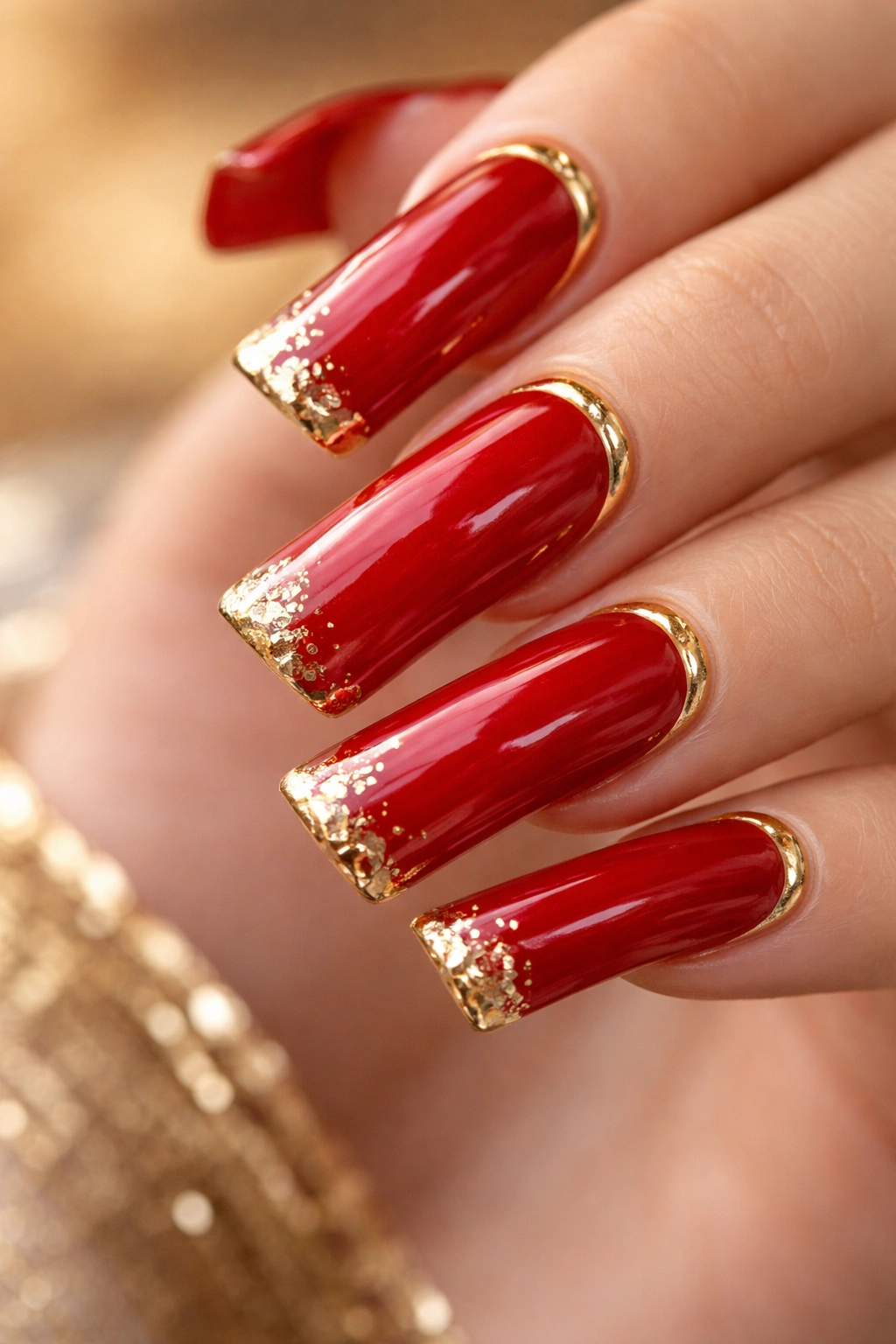 Close-up of duck nails with red polish and gold metallic accents