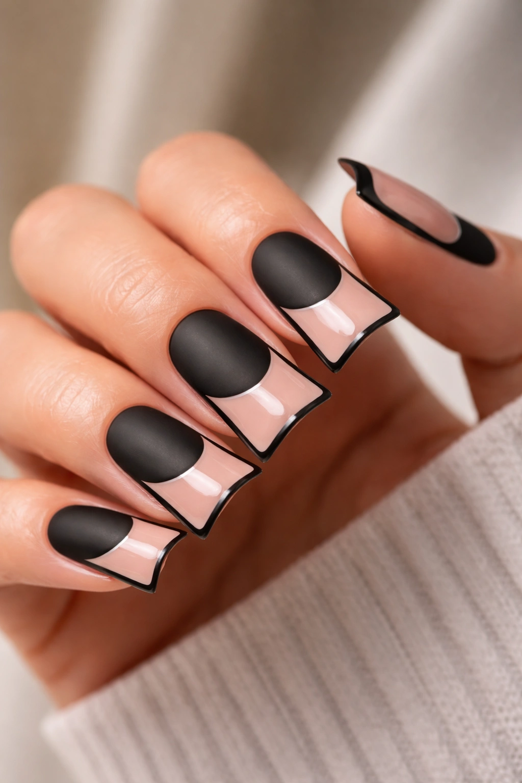 Matte black base with glossy nude duck tips and black outline on short nails