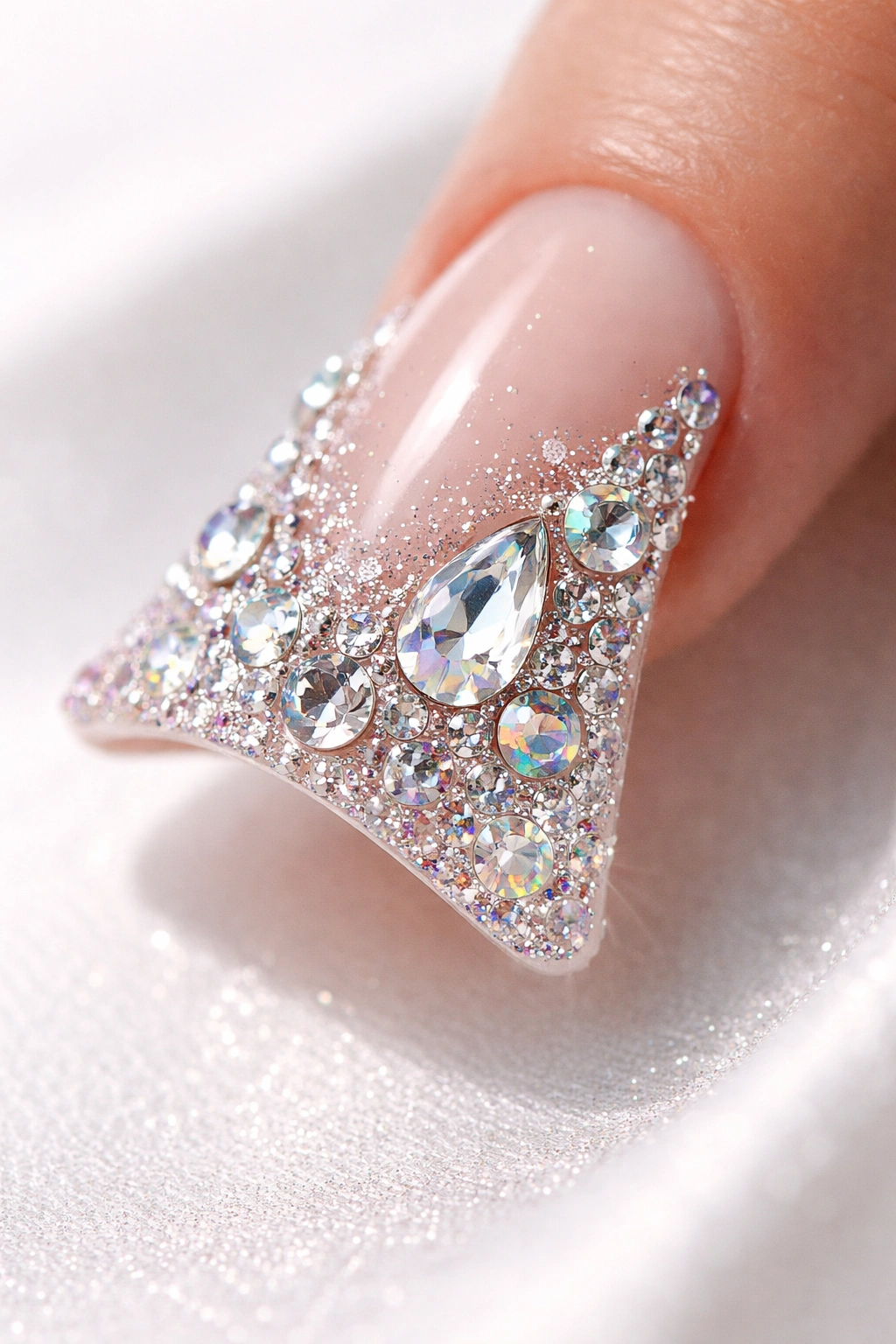 Close-up of a single duck nail with rhinestones on a white background