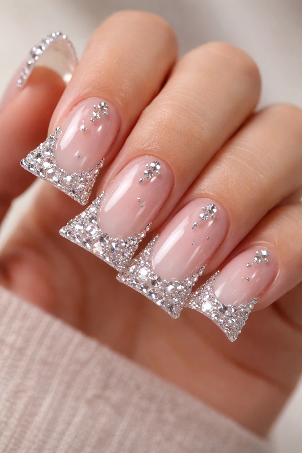 Duck nails with rhinestone accents along the webbed edge