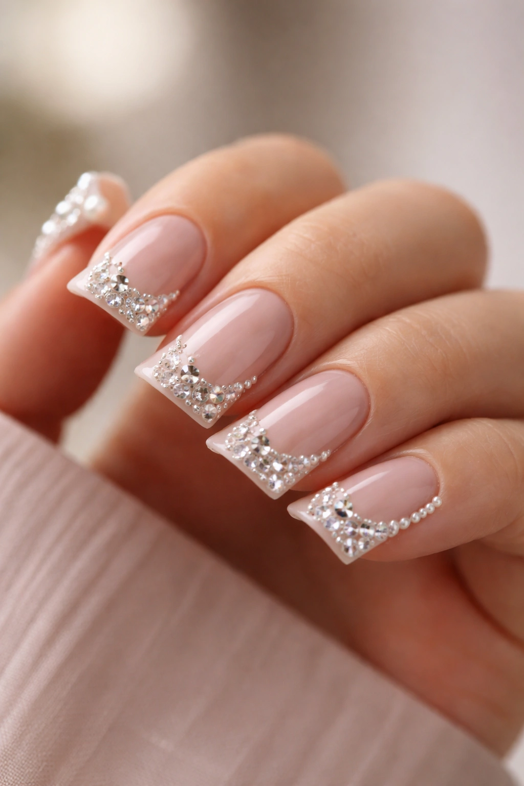 Close-up of short duck nails with strategic rhinestone and pearl accents on a hand