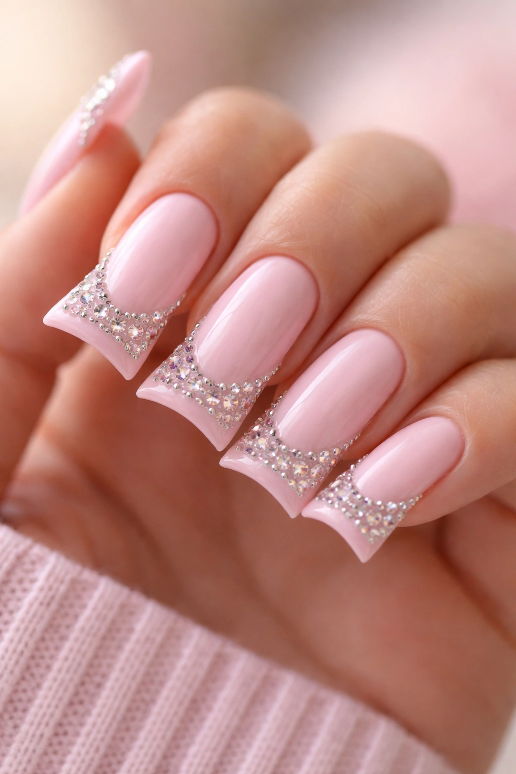 Close-up of duck nails with rhinestones along curved edge