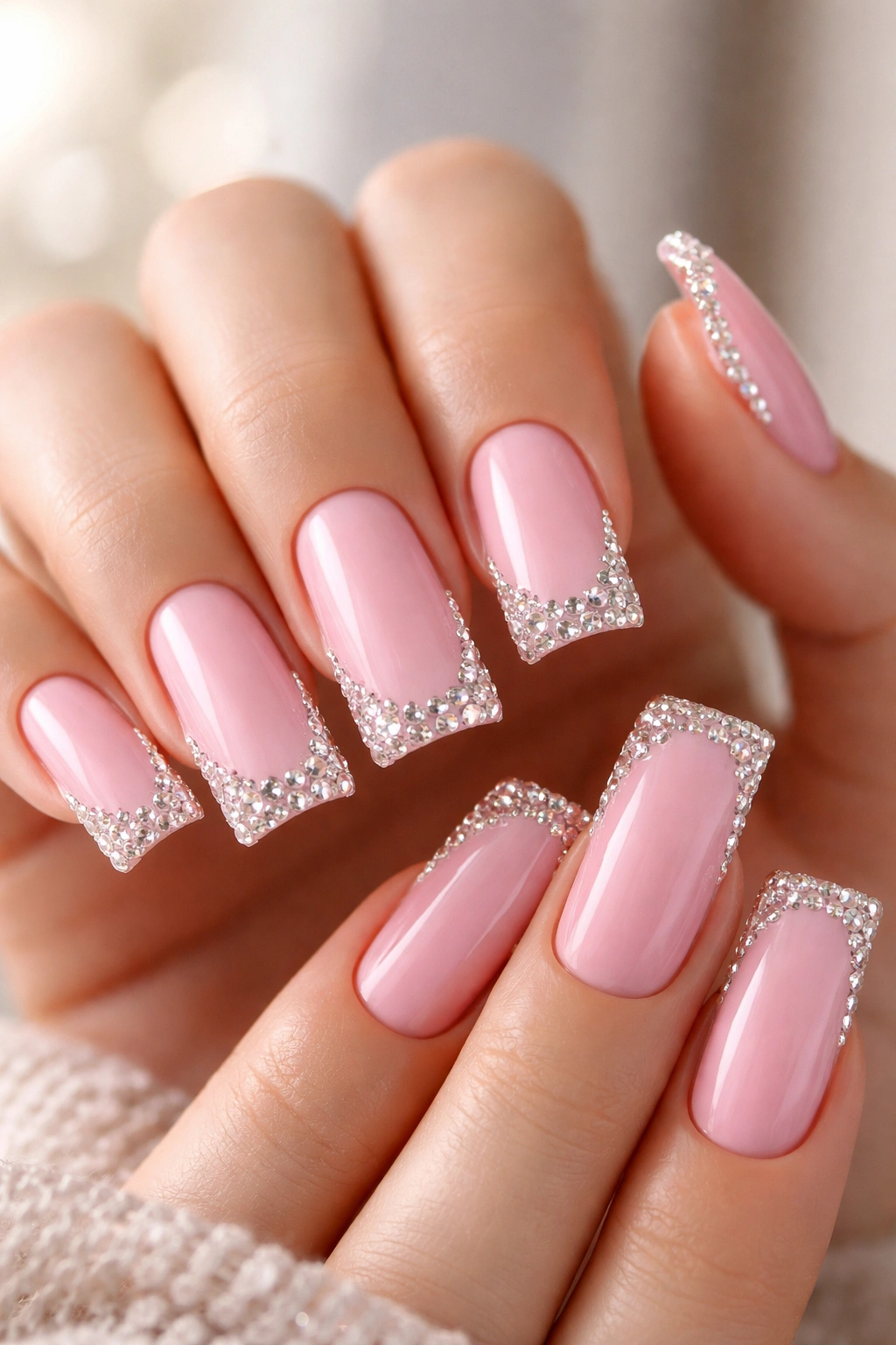Duck nails in pink with rhinestone accents along tips