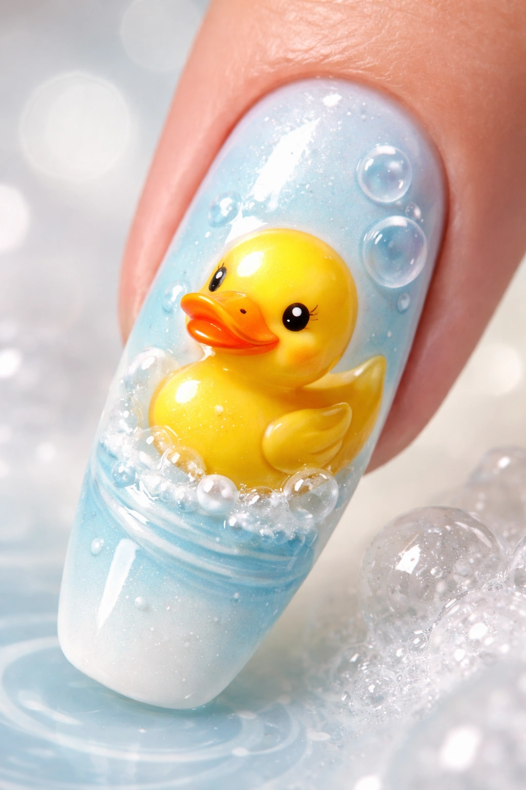 Close-up of long nail with yellow rubber duck design and bubbles
