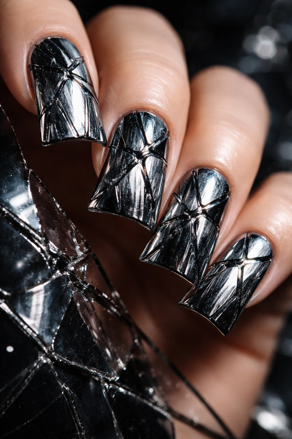 Duck nails with shattered glass chrome crack patterns
