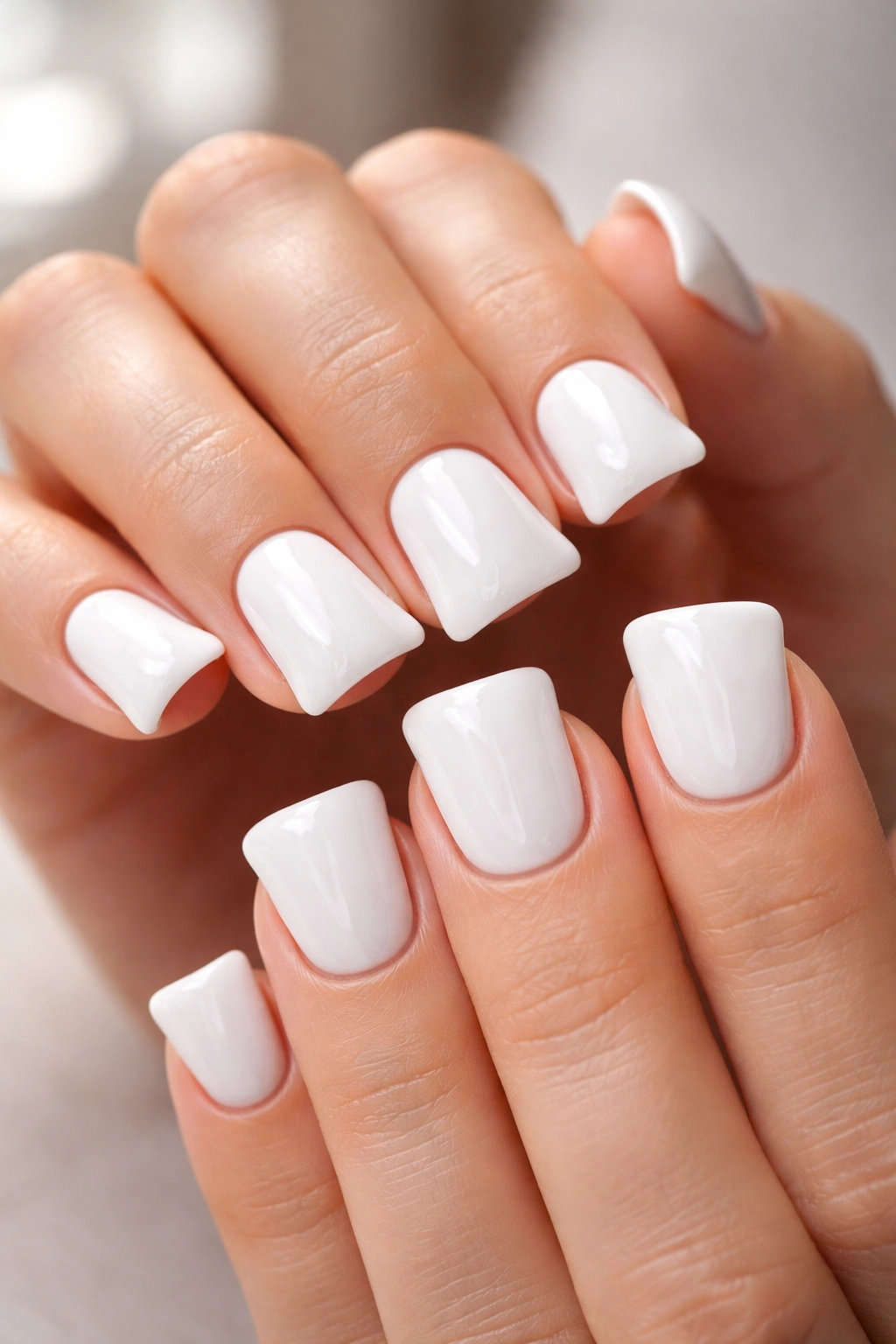 Hands with short nails displaying duck nail shape