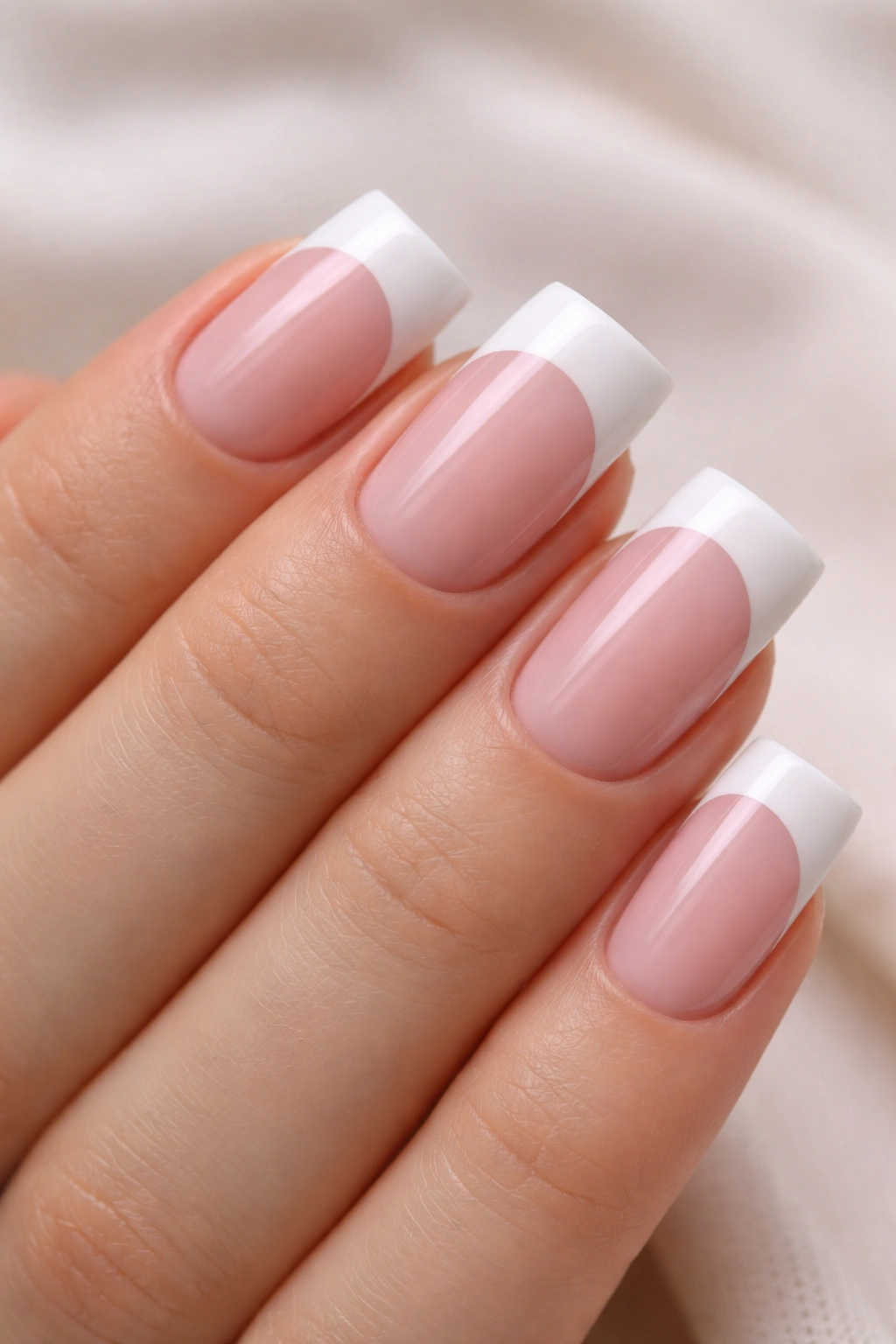 Close-up of short nails with white duck-tip tips on pink base