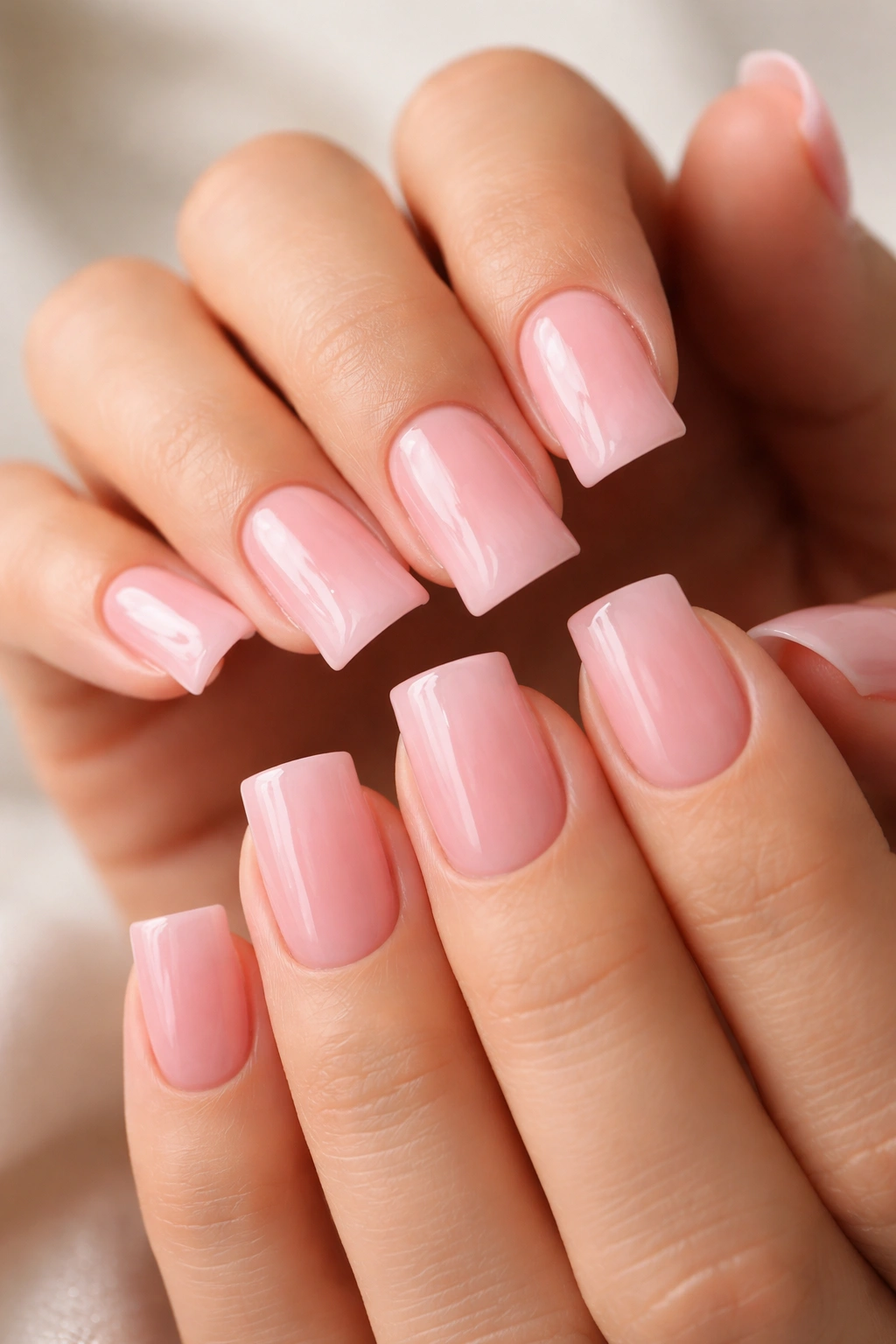 Close-up of hands with short duck nails in soft pink, highlighting flared nail shape