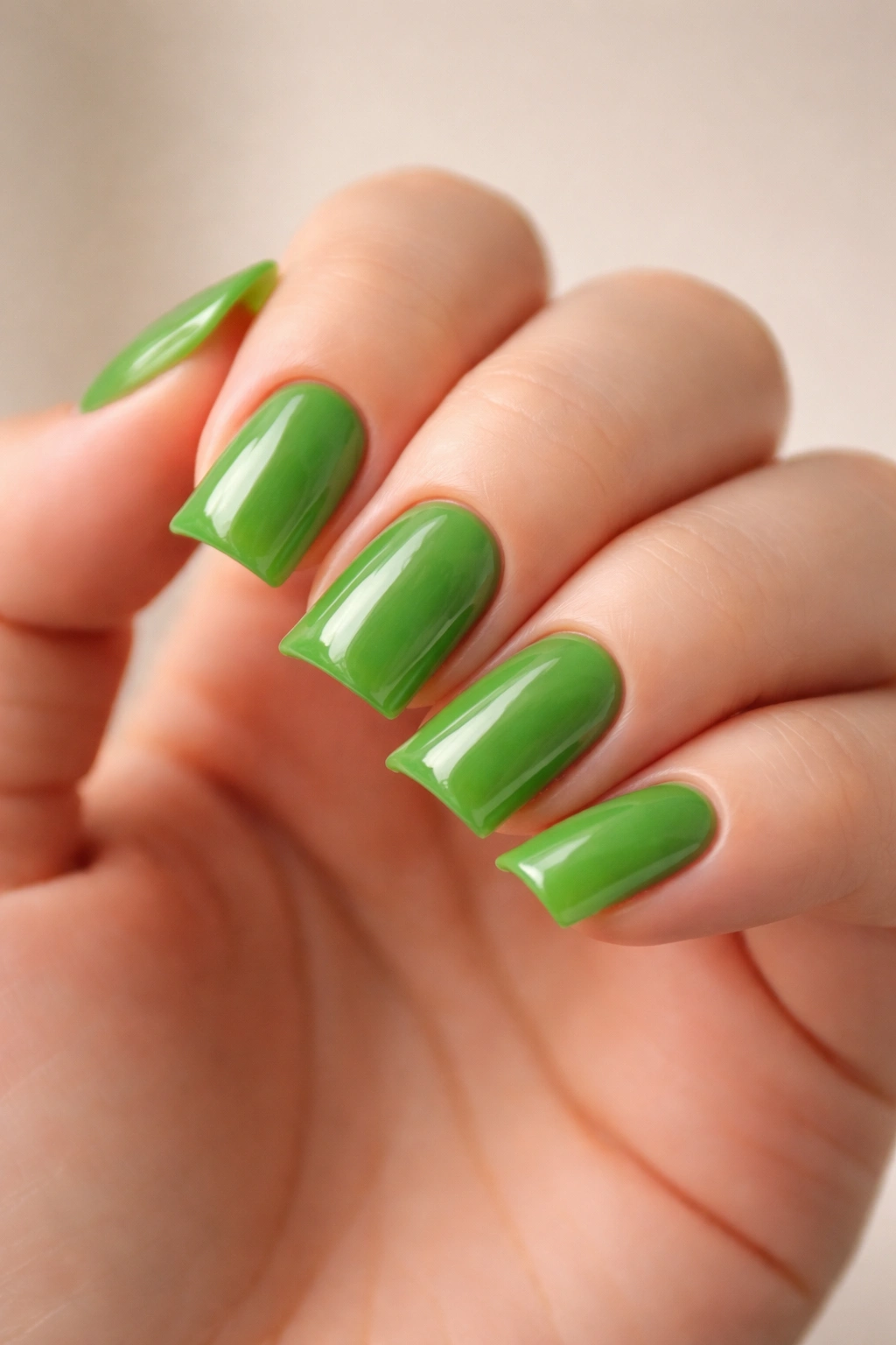 Close-up of a hand displaying short green duck nails with a glossy finish