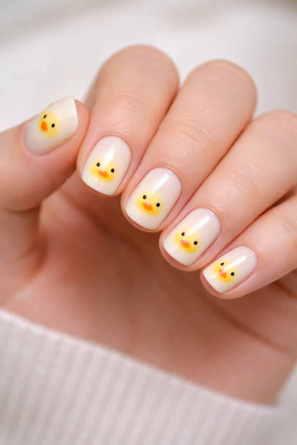Close-up of simple yellow duck faces on short nails with pale base