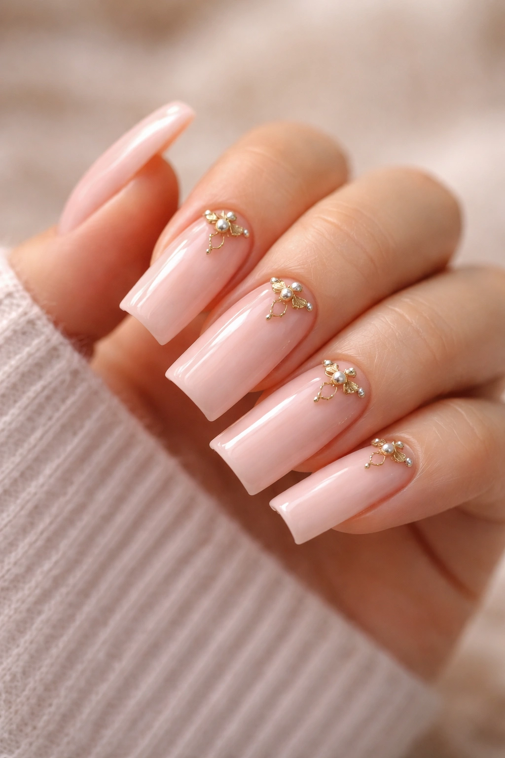 Close-up of soft blush duck nails with delicate gold charm accents near the cuticle