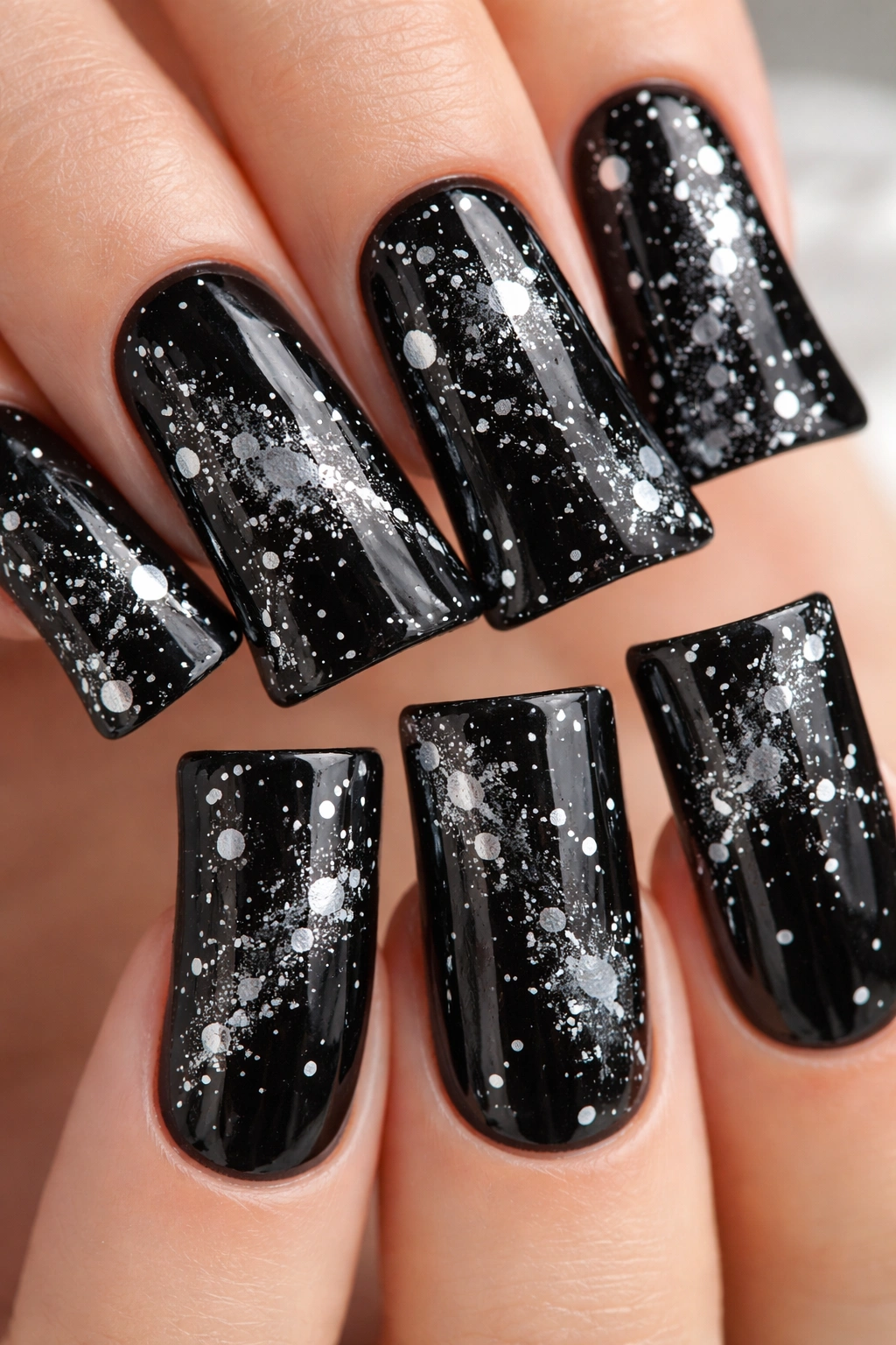 Duck nails on black base with silver splatter pattern.