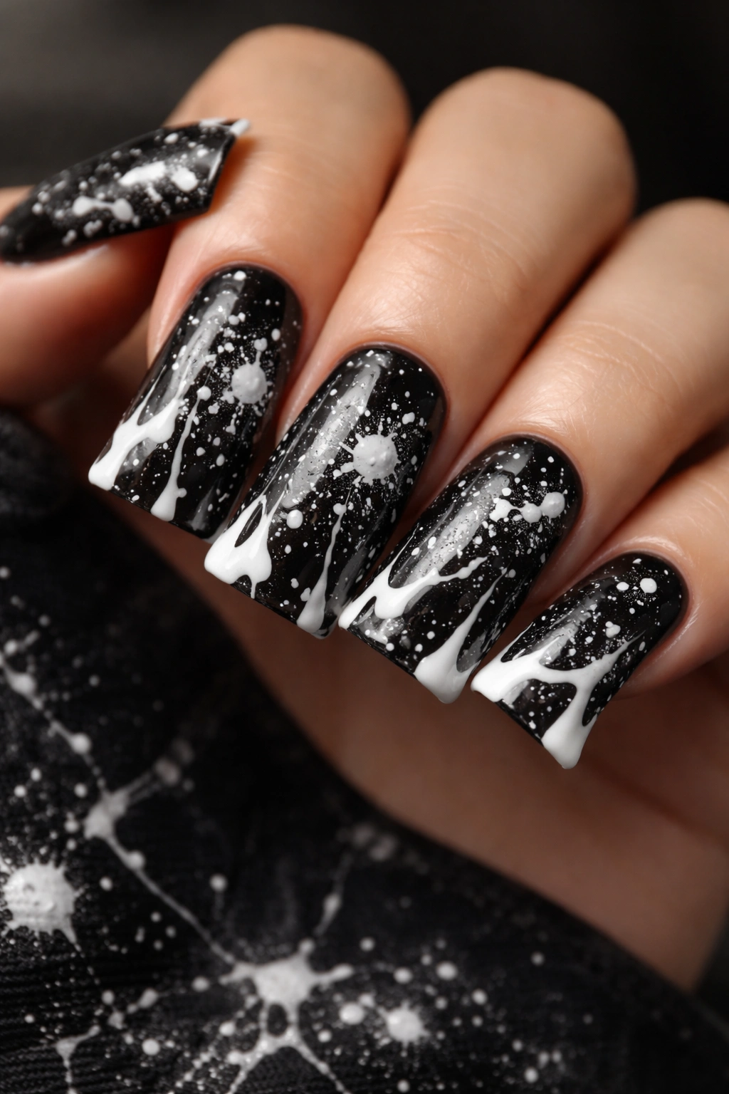 Close-up of duck nails with black base and white splatter and drip design