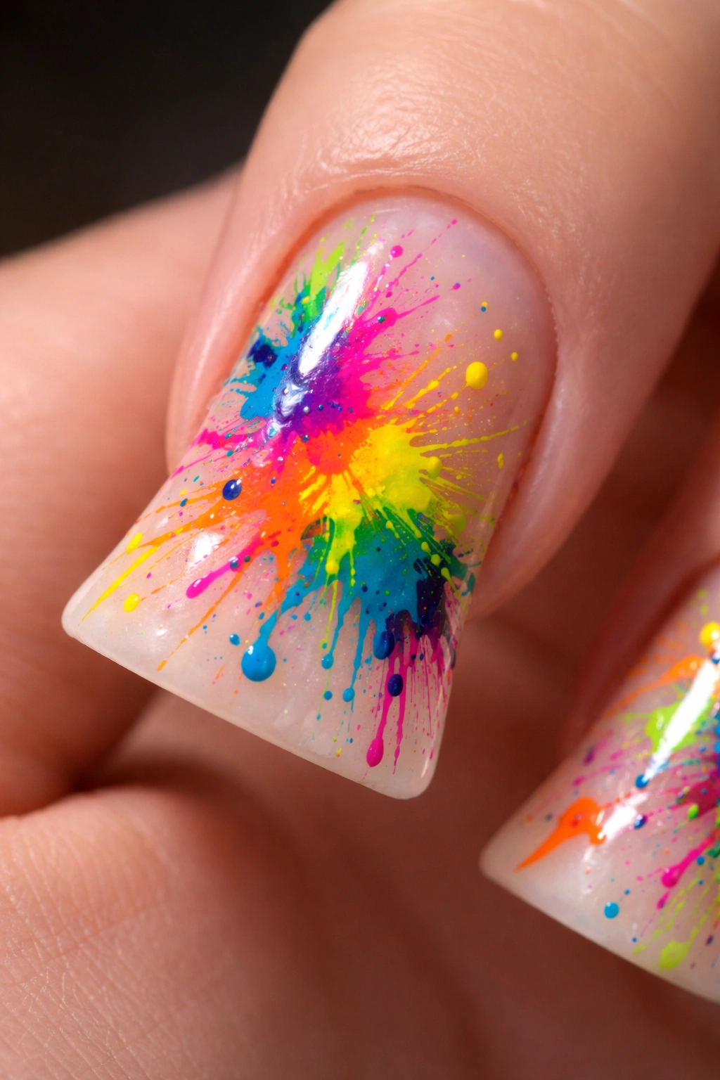 Duck nail with bold colorful paint splatters on neutral base