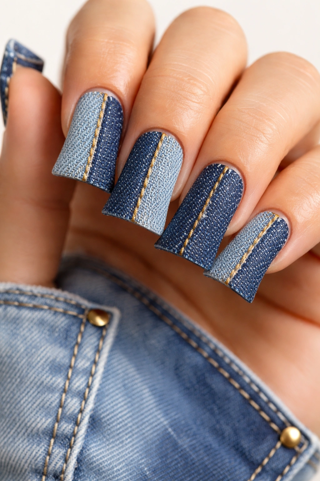 Duck nails with a sharp two-tone denim split in light blue and indigo