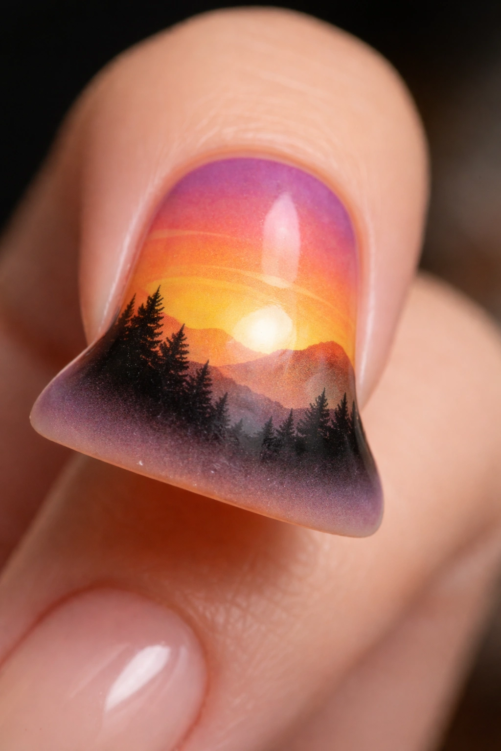 Duck nail with sunrise gradient and dark silhouette landscape