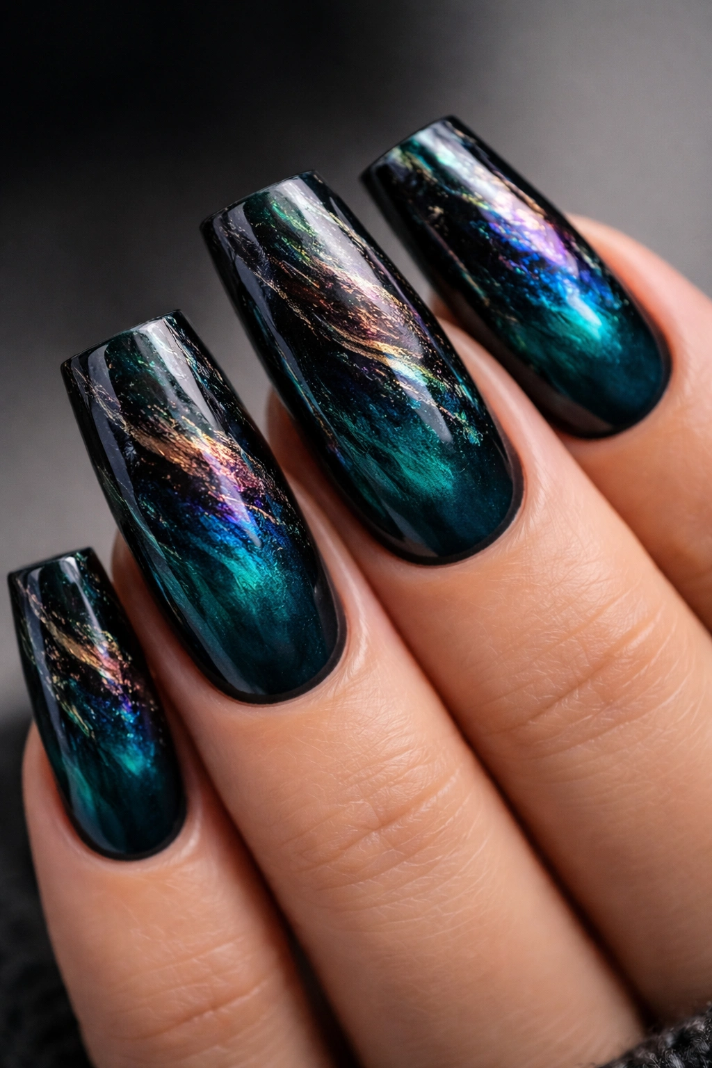 Duck nails deep teal with black oil slick effect