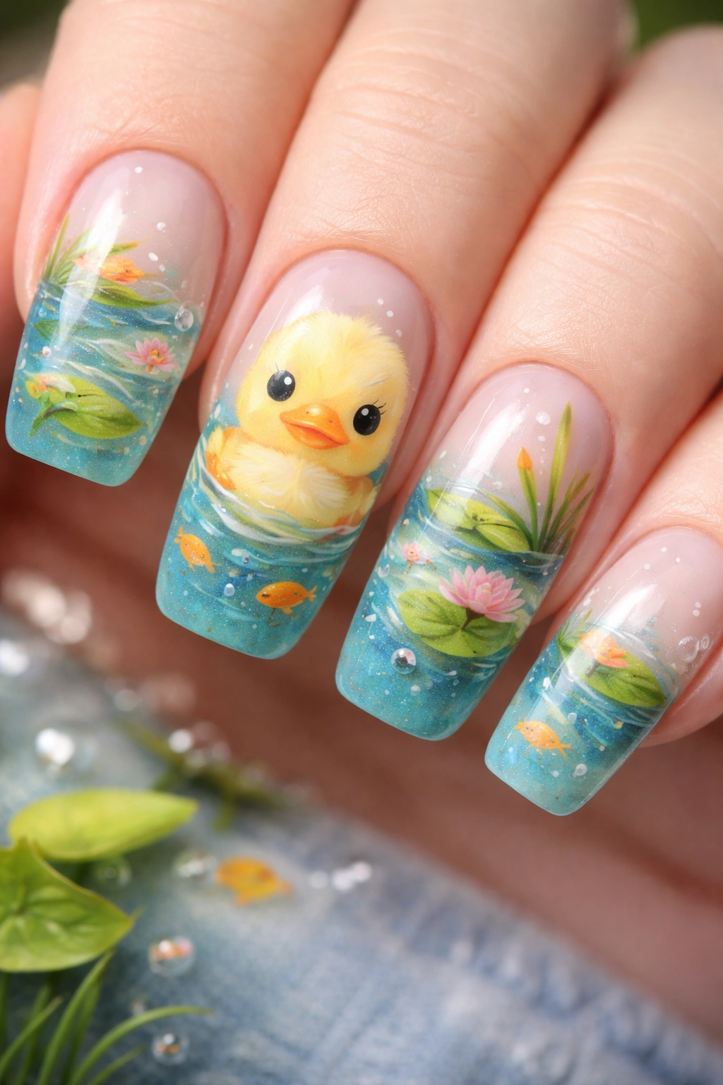 Duck nail art with underwater scene including lily pads and small fish