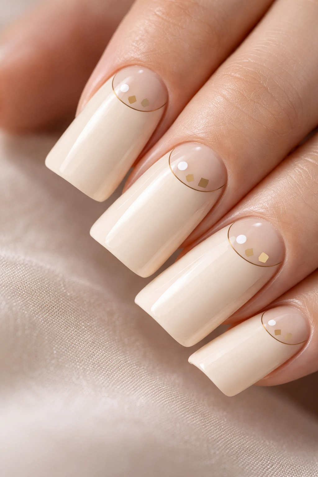 Close-up of duck nails in vanilla with minimal geometric art
