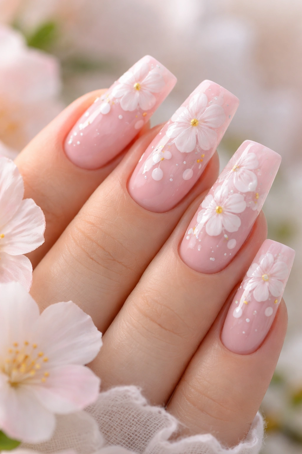 Duck nails with delicate white flowers on pastel pink base