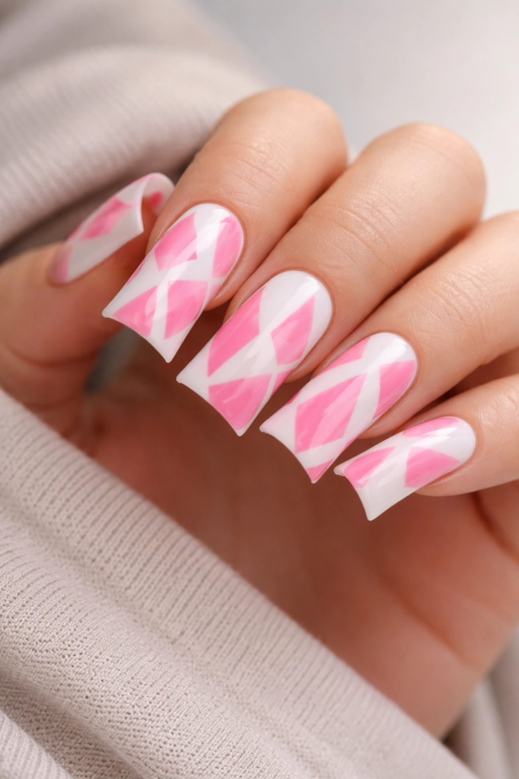 Duck nails with white base and pink geometric shapes.