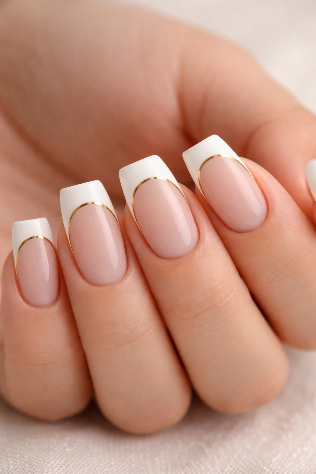 Close-up of minimalist white duck nails with gold line on short nails