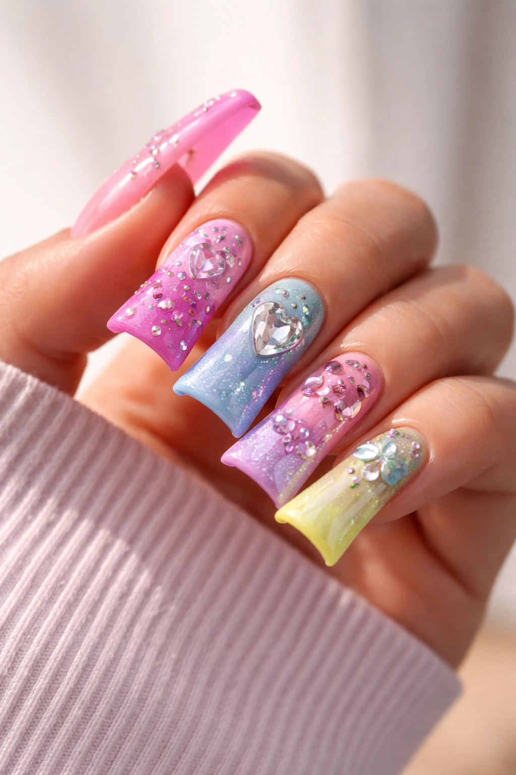 Close-up of a hand displaying glossy Y2K duck nails with flat paddle shape and vibrant shimmer