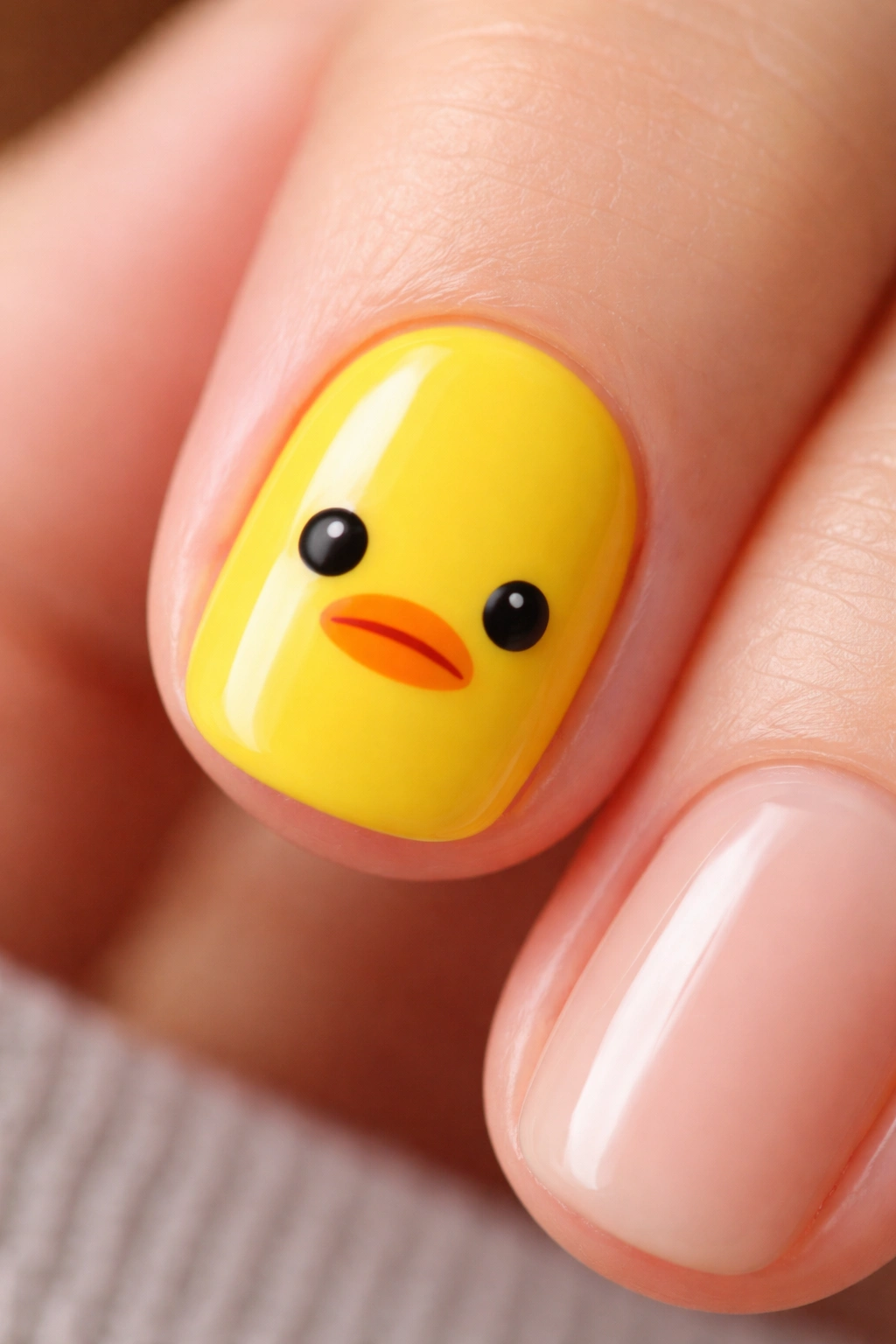 Close-up of a short yellow nail with a minimalist duck face in black.