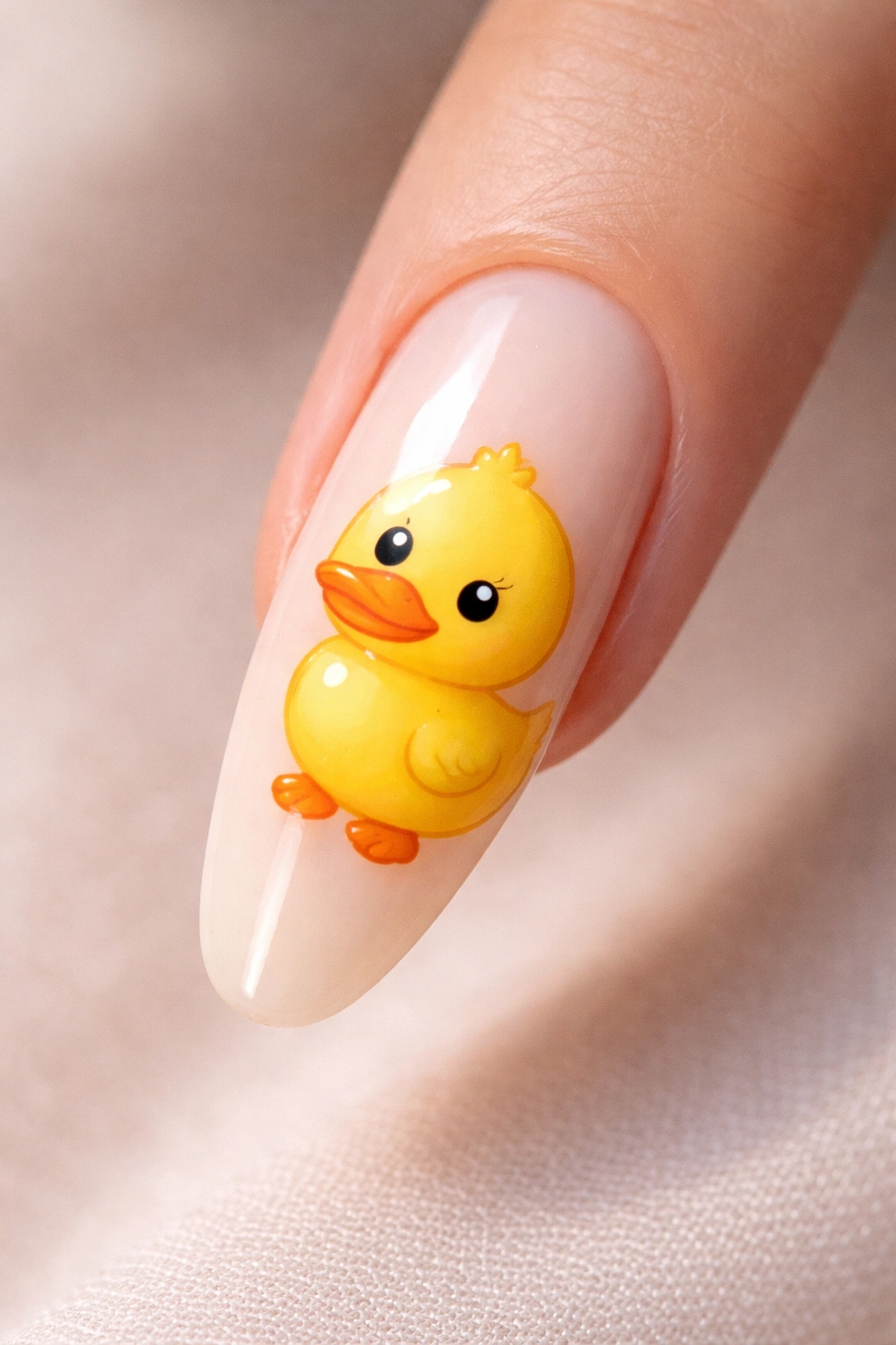 Close-up of a long nail with a classic yellow duckling design featuring orange beak and black eye
